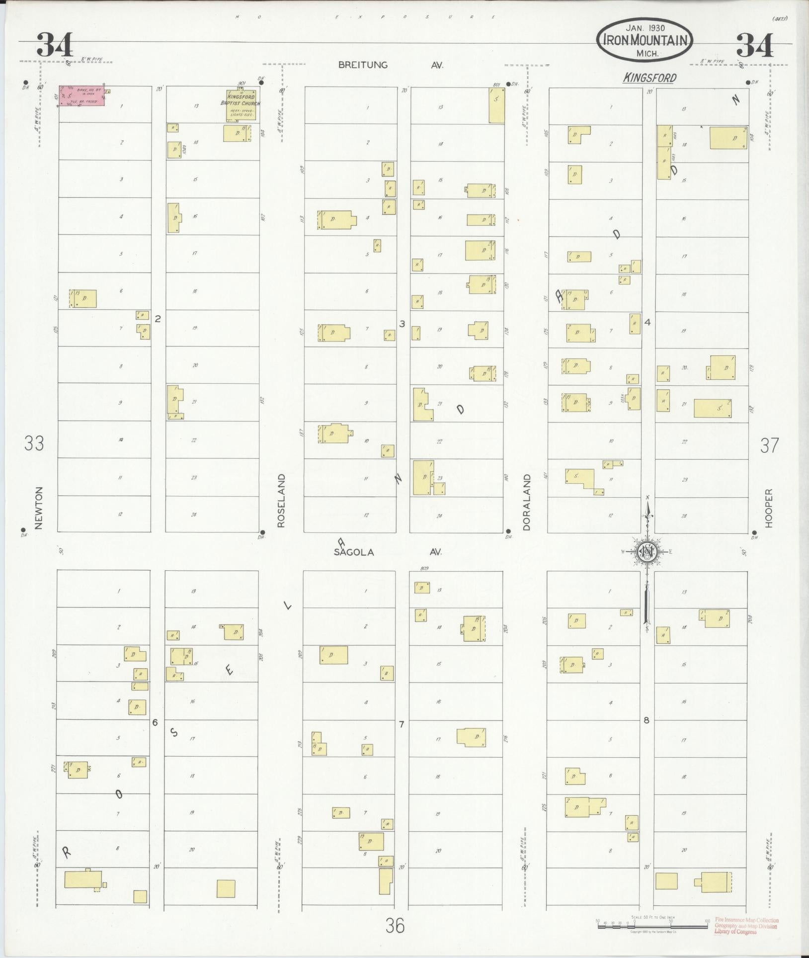 Sanborn Fire Insurance Map from Iron Mountain, Dickinson County, Michigan (1930), Sheet #0034 - Historic Sanborn Fire Insurance Map Print, vintage old map wall art, antique decor, genealogy gift, Michigan Michigan map