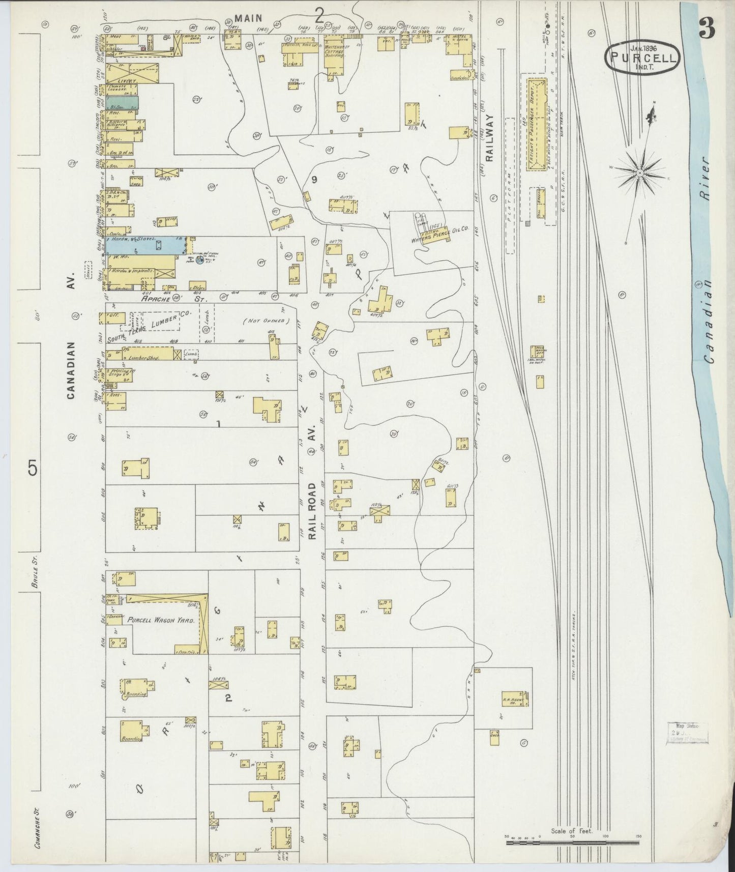 Sanborn Fire Insurance Map from Purcell, McClain County, Oklahoma (1896), Sheet #0003 - Historic Sanborn Fire Insurance Map Print, vintage old map wall art, antique decor, genealogy gift, Oklahoma Oklahoma map