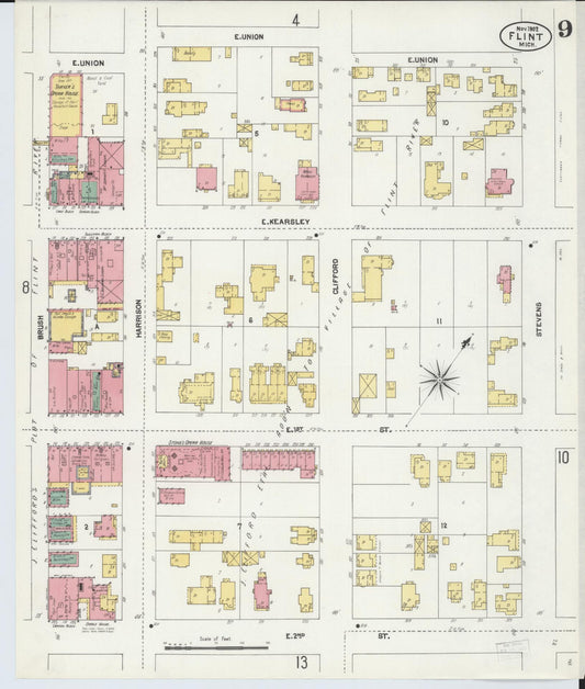 Sanborn Fire Insurance Map from Flint, Genesee County, Michigan (1902), Sheet #0009 - Historic Sanborn Fire Insurance Map Print, vintage old map wall art, antique decor, genealogy gift, Michigan Michigan map