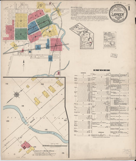 Sanborn Fire Insurance Map from Lapeer, Lapeer County, Michigan (1922), Sheet #0001 - Historic Sanborn Fire Insurance Map Print, vintage old map wall art, antique decor, genealogy gift, Michigan Michigan map