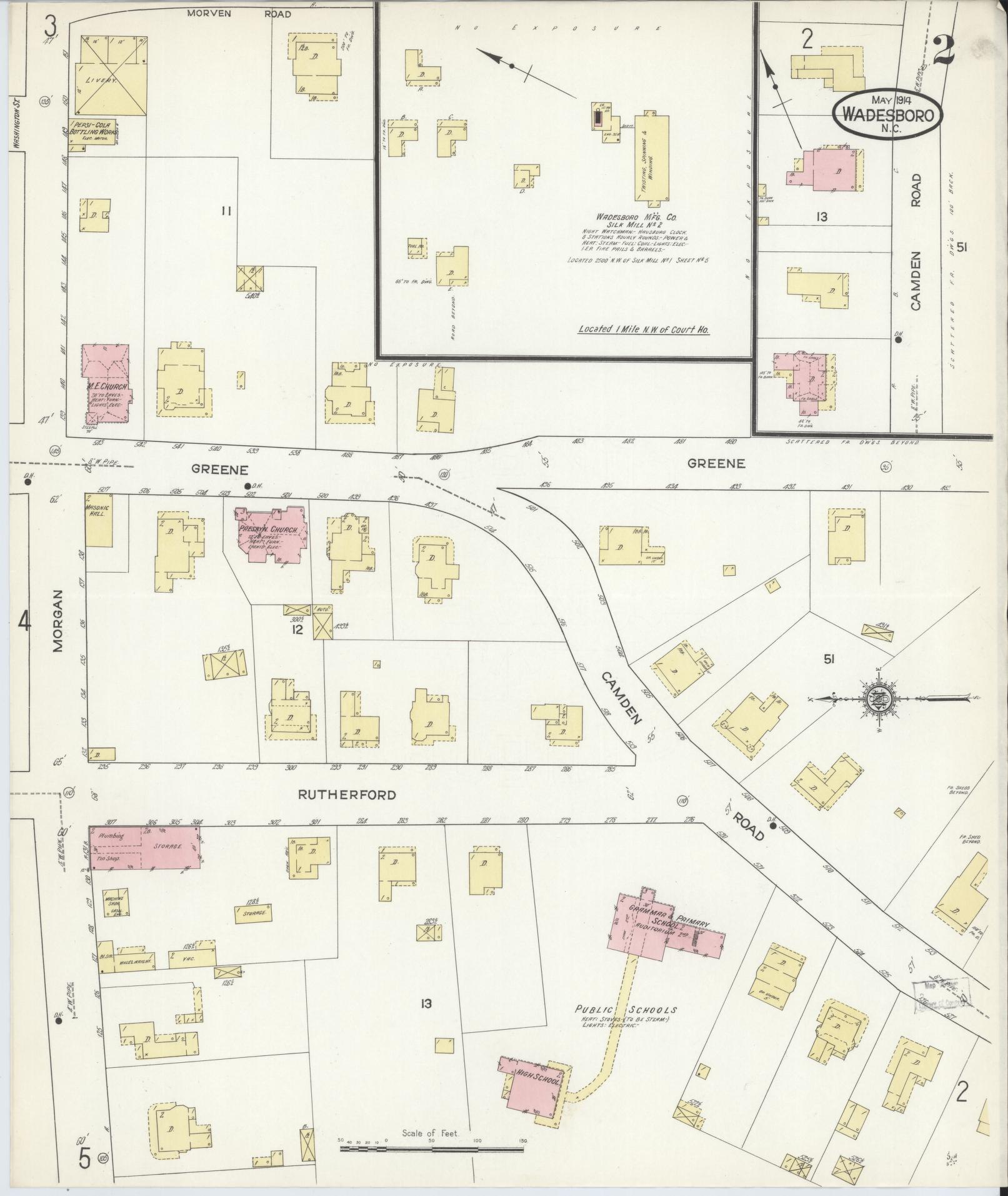 Sanborn Fire Insurance Map from Wadesboro, Anson County, North Carolina (1914), Sheet #0002 - Historic Sanborn Fire Insurance Map Print, vintage old map wall art, antique decor, genealogy gift, North Carolina North Carolina map
