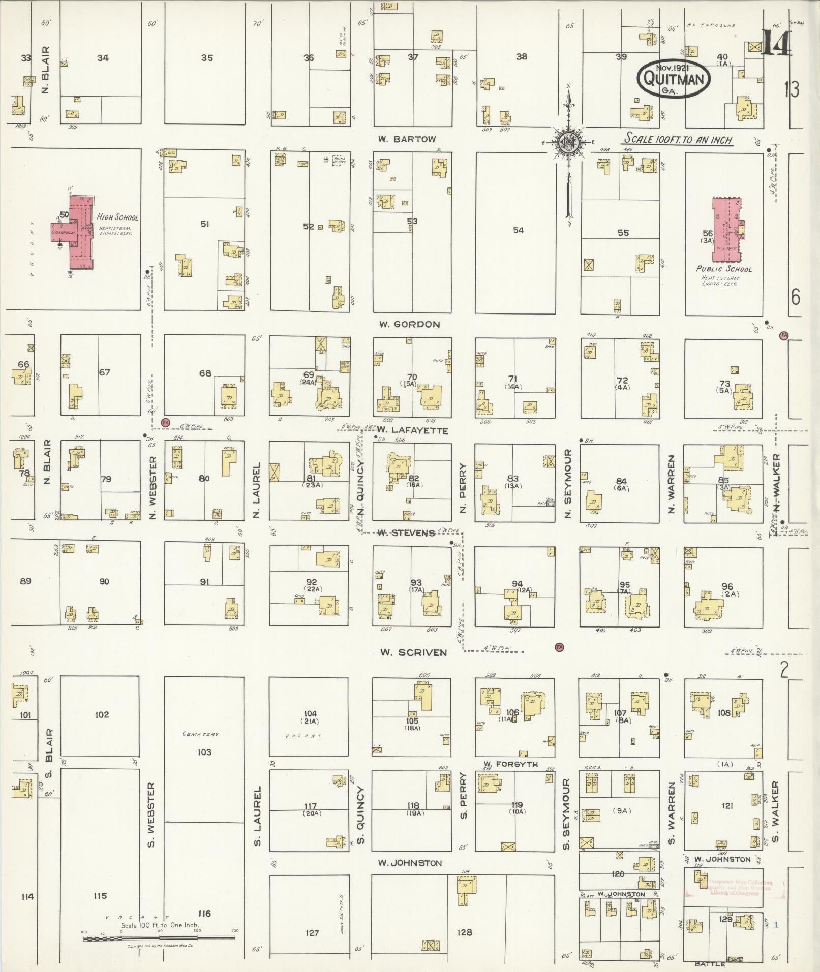 Sanborn Fire Insurance Map from Quitman, Brooks County, Georgia (1921), Sheet #0014 - Historic Sanborn Fire Insurance Map Print, vintage old map wall art, antique decor, genealogy gift, Georgia Georgia map