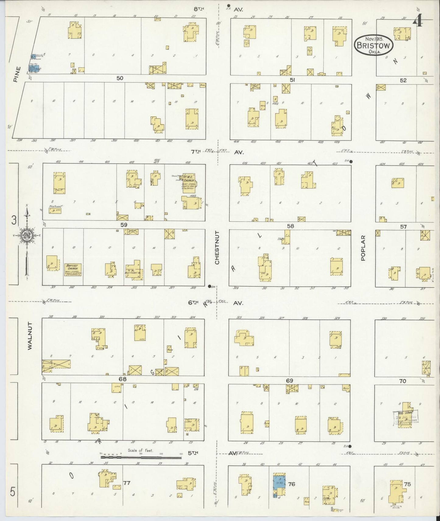 Sanborn Fire Insurance Map from Bristow, Creek County, Oklahoma (1915), Sheet #0004 - Complete Map Set gallery image, historic Sanborn map, vintage wall art, Oklahoma Oklahoma