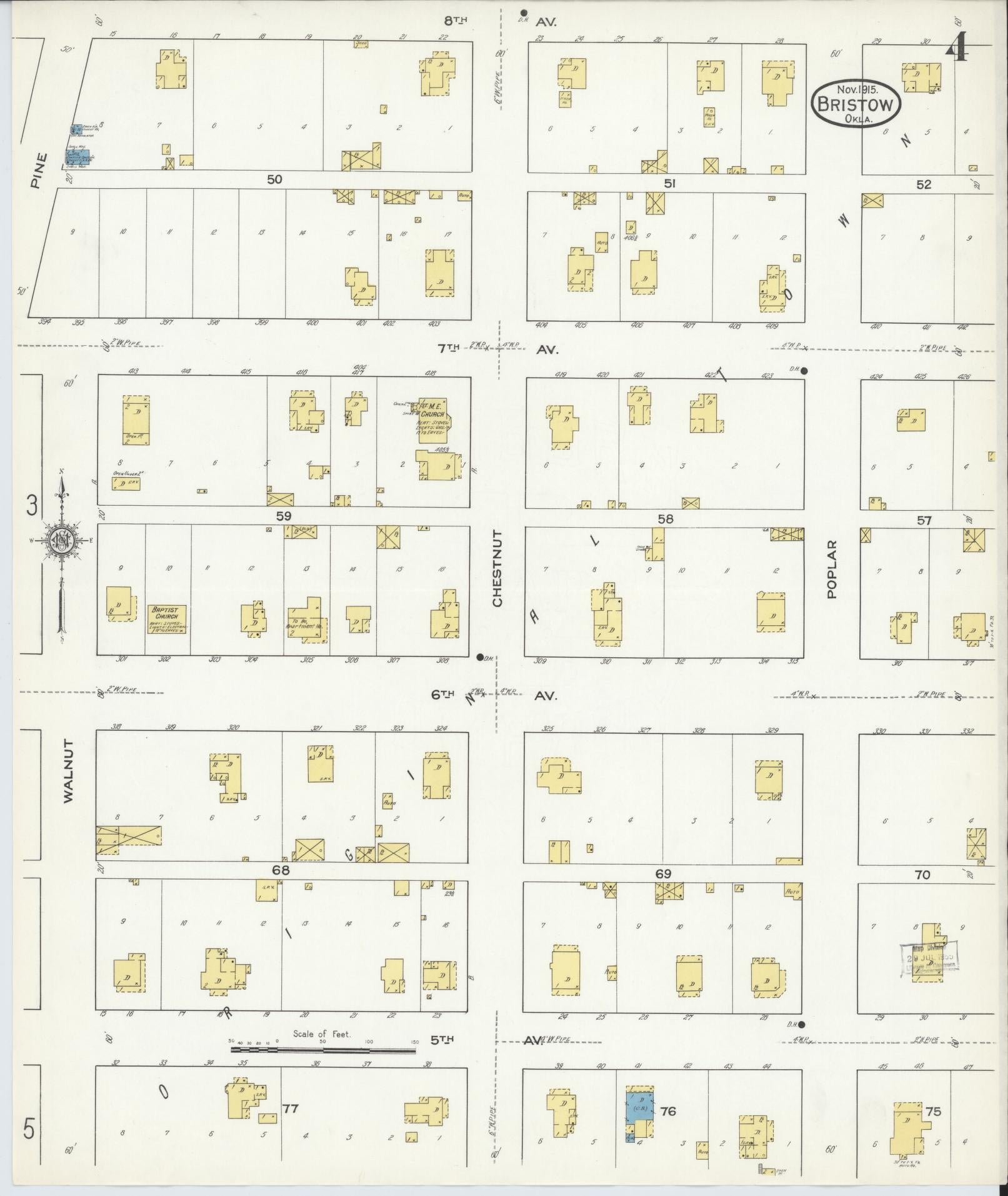 Sanborn Fire Insurance Map from Bristow, Creek County, Oklahoma (1915), Sheet #0004 - Complete Map Set gallery image, historic Sanborn map, vintage wall art, Oklahoma Oklahoma