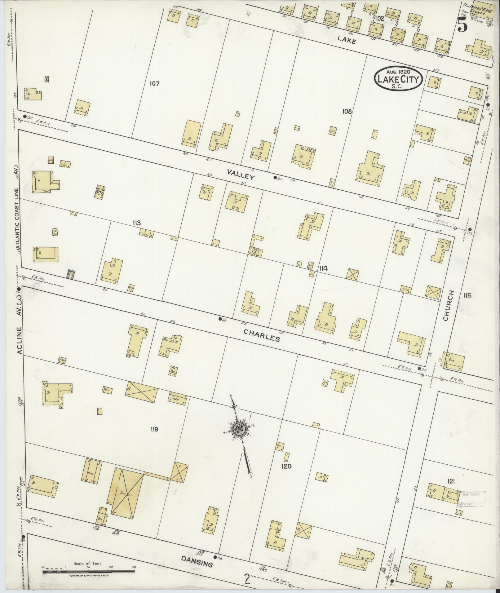 Sanborn Fire Insurance Map from Lake City, Florence County, South Carolina (1920), Sheet #0005 - Historic Sanborn Fire Insurance Map Print, vintage old map wall art, antique decor, genealogy gift, South Carolina South Carolina map