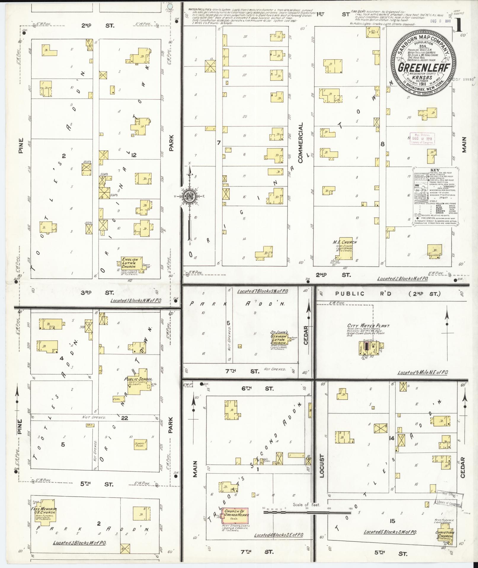 Sanborn Fire Insurance Map from Greenleaf, Washington County, Kansas (1911), Sheet #0001 - Historic Sanborn Fire Insurance Map Print, vintage old map wall art, antique decor, genealogy gift, Kansas Kansas map