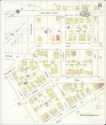 Sanborn Fire Insurance Map from Saint Joseph, Berrien County, Michigan (1921), Sheet #0015 - Historic Sanborn Fire Insurance Map Print, vintage old map wall art, antique decor, genealogy gift, Michigan Michigan map