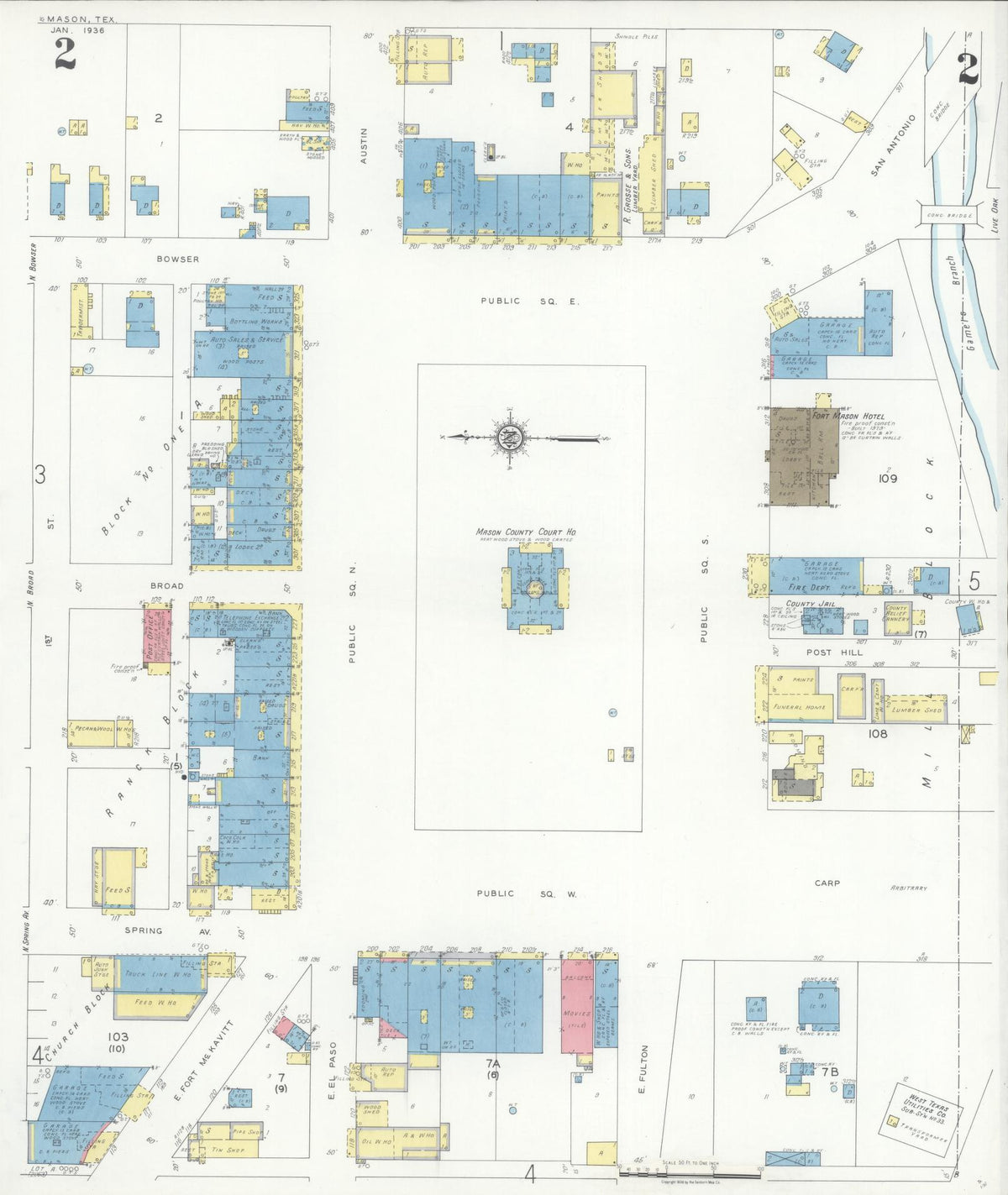 Sanborn Fire Insurance Map from Mason, Mason County, Texas (1936), Sheet #0002 - Historic Sanborn Fire Insurance Map Print, vintage old map wall art, antique decor, genealogy gift, Texas Texas map