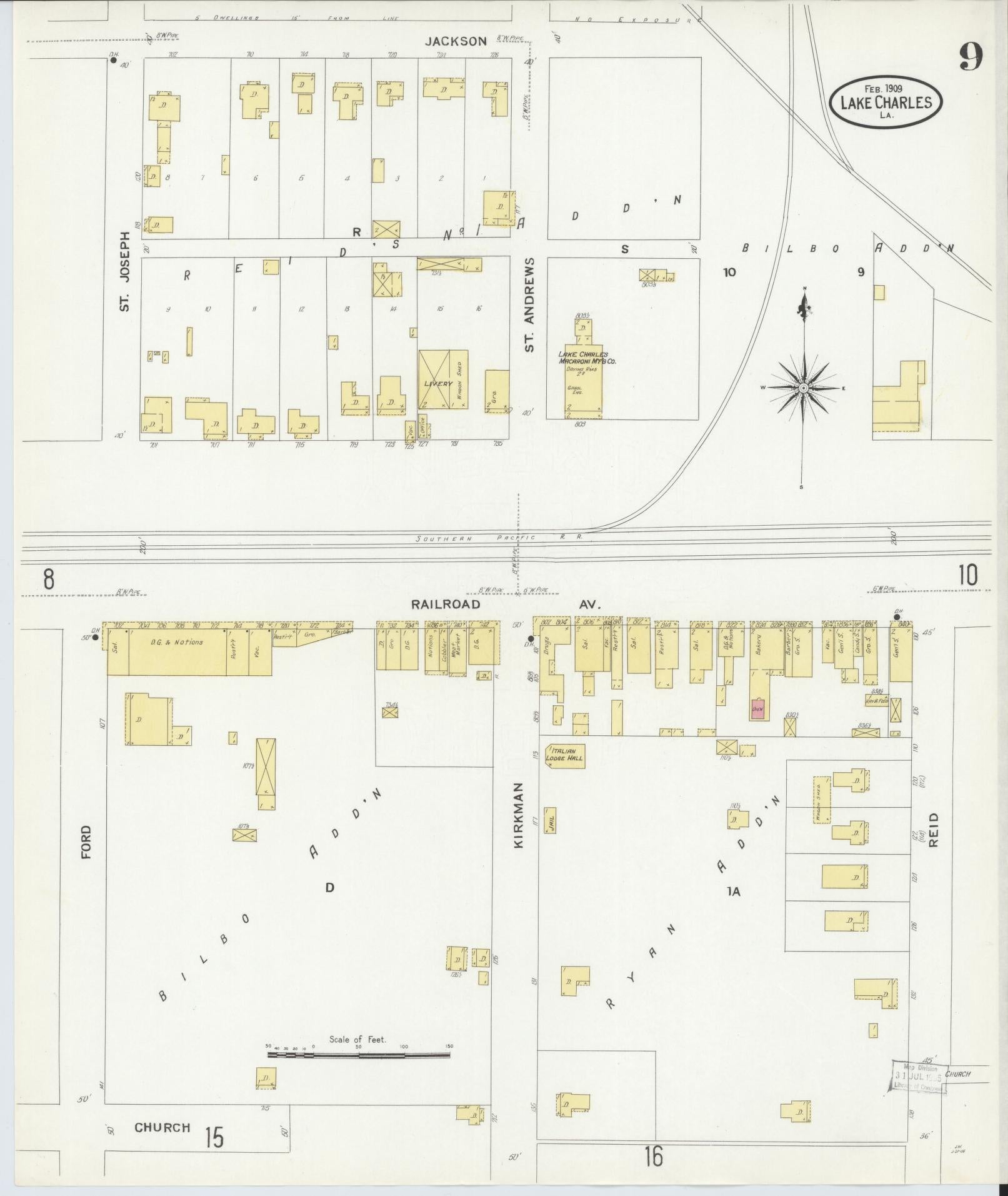 Sanborn Fire Insurance Map from Lake Charles, Calcasieu Parish, Louisiana (1909), Sheet #0009 - Complete Map Set gallery image, historic Sanborn map, vintage wall art, Louisiana Louisiana
