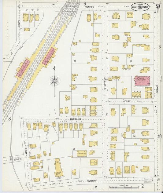 Sanborn Fire Insurance Map from South Norwalk, Fairfield County, Connecticut (1900), Sheet #0009 - Historic Sanborn Fire Insurance Map Print, vintage old map wall art, antique decor, genealogy gift, Connecticut Connecticut map
