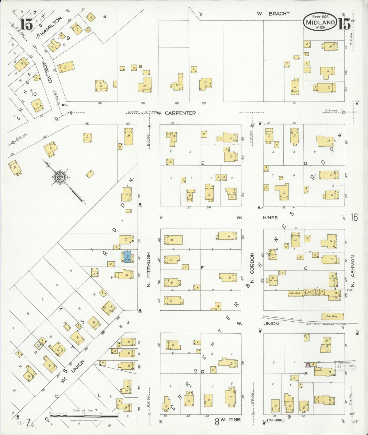 Sanborn Fire Insurance Map from Midland, Midland County, Michigan (1926), Sheet #0015 - Historic Sanborn Fire Insurance Map Print, vintage old map wall art, antique decor, genealogy gift, Michigan Michigan map