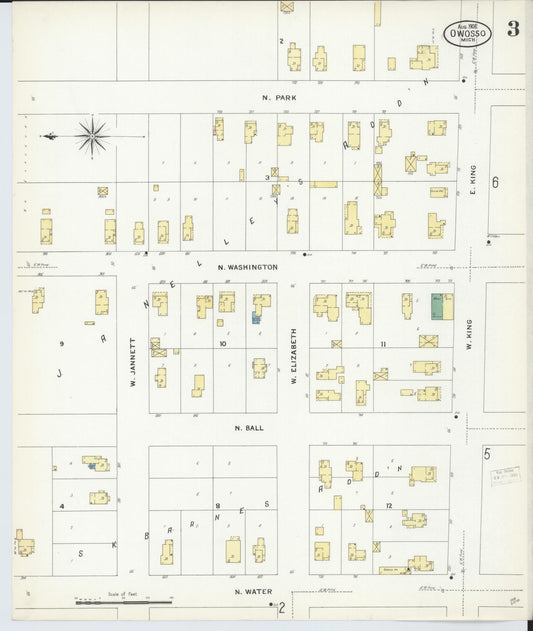 Sanborn Fire Insurance Map from Owosso, Shiawassee County, Michigan (1908), Sheet #0003 - Historic Sanborn Fire Insurance Map Print, vintage old map wall art, antique decor, genealogy gift, Michigan Michigan map