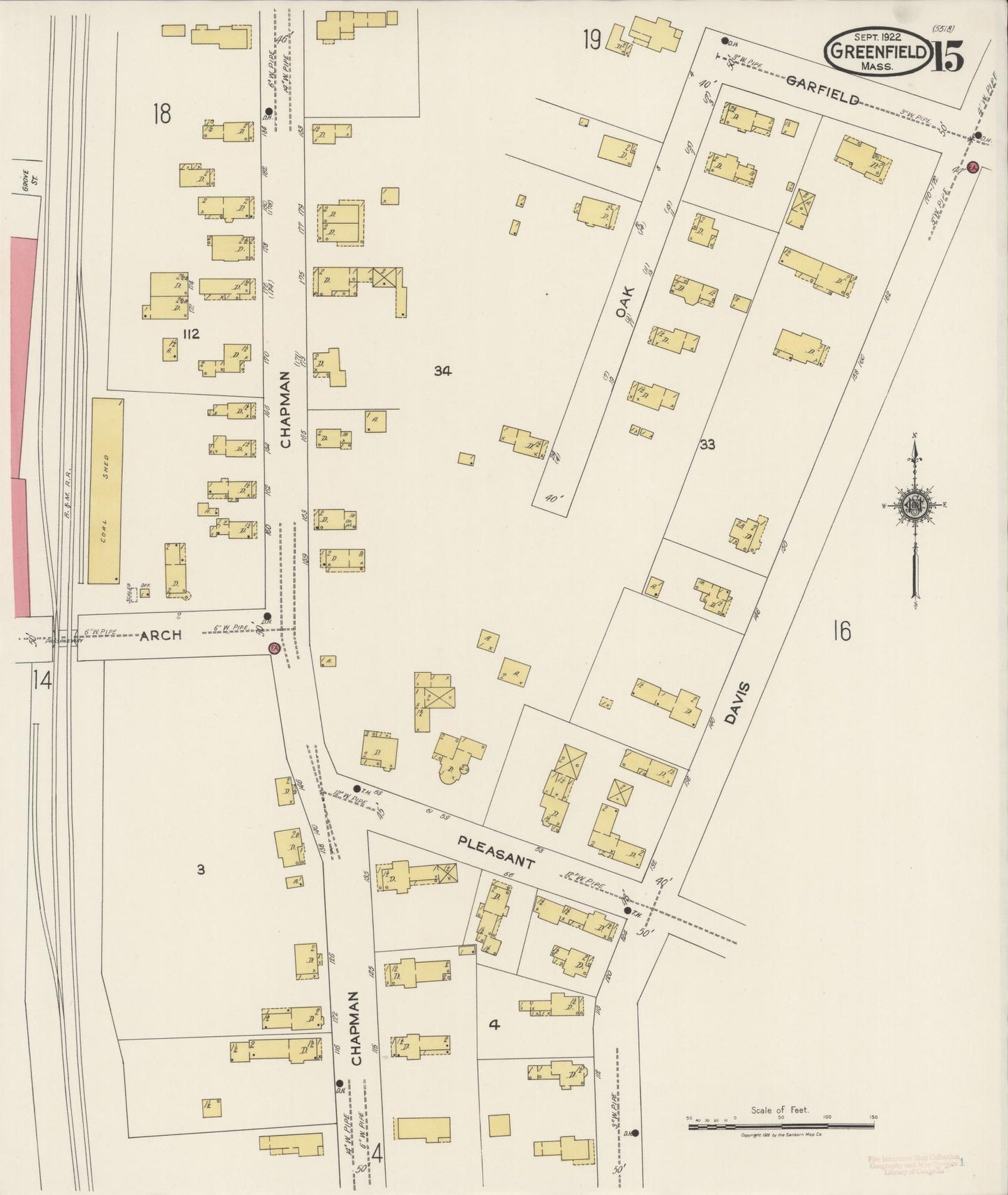 Sanborn Fire Insurance Map from Greenfield, Franklin County, Massachusetts (1922), Sheet #0015 - Historic Sanborn Fire Insurance Map Print, vintage old map wall art, antique decor, genealogy gift, Massachusetts Massachusetts map