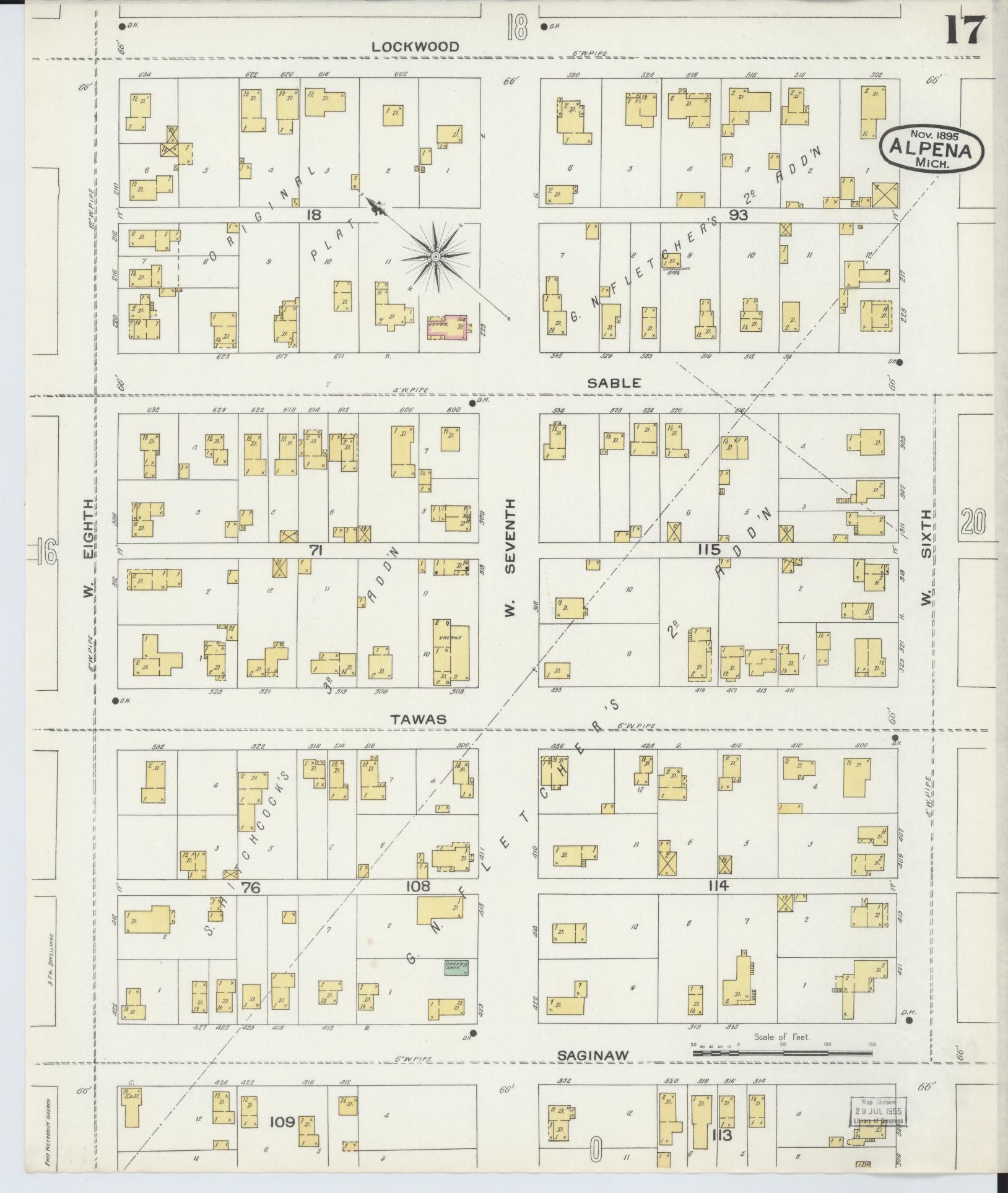 Sanborn Fire Insurance Map from Alpena, Alpena County, Michigan (1895), Sheet #0017 - Historic Sanborn Fire Insurance Map Print, vintage old map wall art, antique decor, genealogy gift, Michigan Michigan map