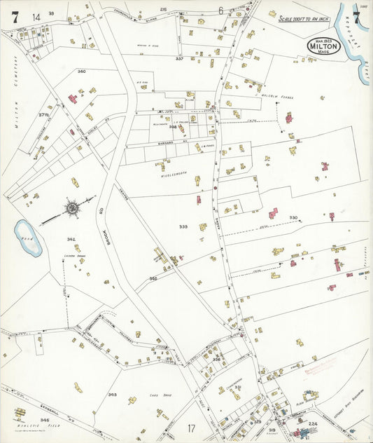 Sanborn Fire Insurance Map from Milton, Norfolk County, Massachusetts (1923), Sheet #0007 - Historic Sanborn Fire Insurance Map Print, vintage old map wall art, antique decor, genealogy gift, Massachusetts Massachusetts map