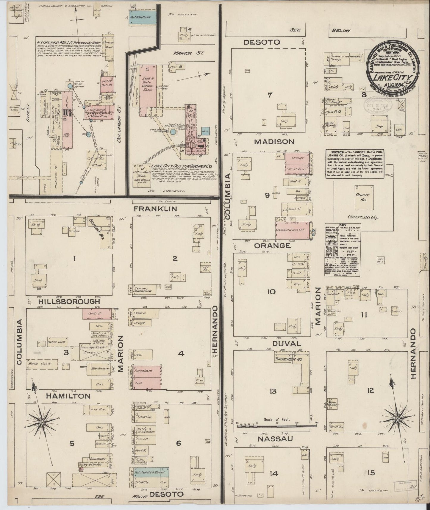 Sanborn Fire Insurance Map from Lake City, Columbia County, Florida (1884), Sheet #0001 - Historic Sanborn Fire Insurance Map Print, vintage old map wall art, antique decor, genealogy gift, Florida Florida map