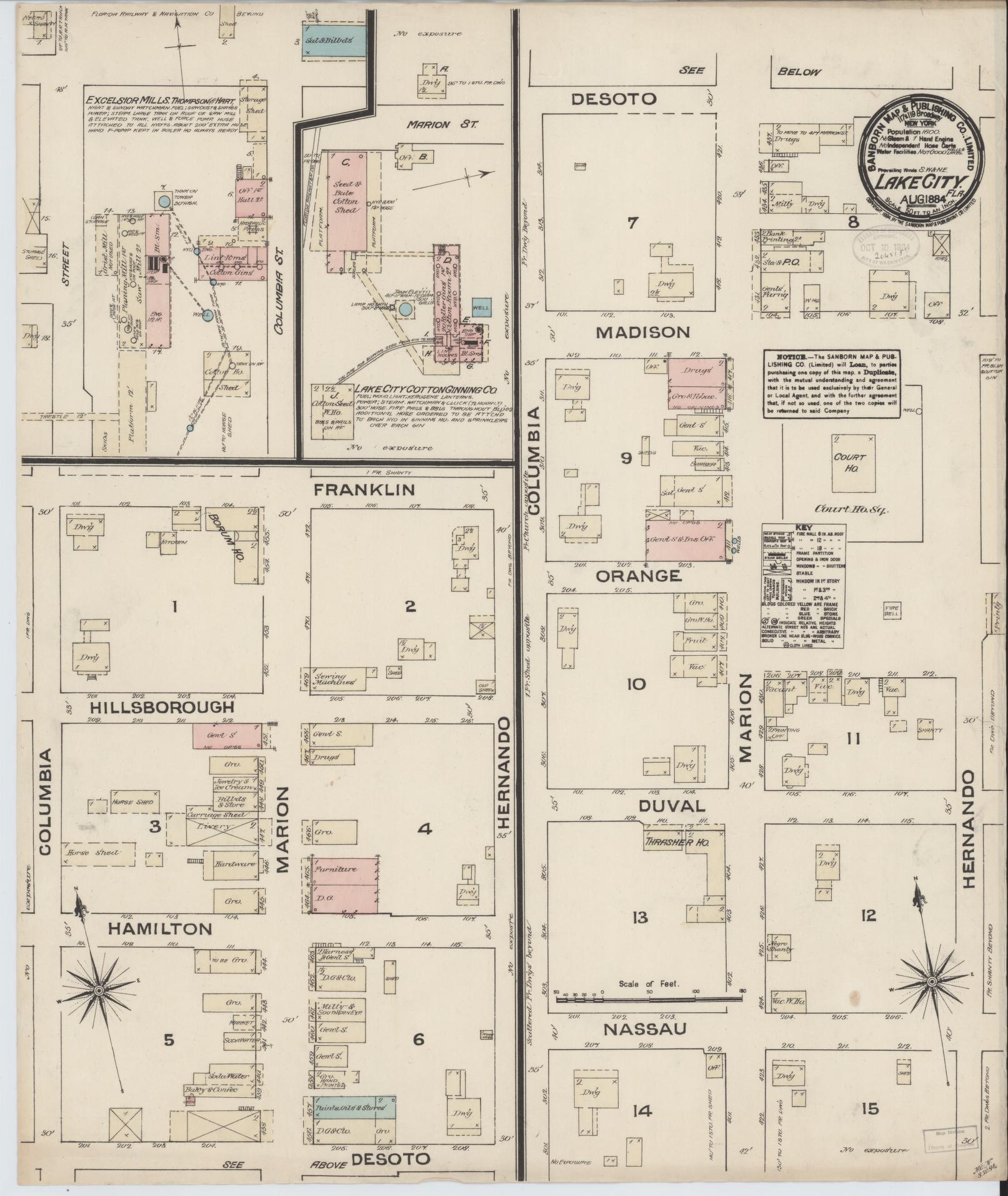 Sanborn Fire Insurance Map from Lake City, Columbia County, Florida (1884), Sheet #0001 - Historic Sanborn Fire Insurance Map Print, vintage old map wall art, antique decor, genealogy gift, Florida Florida map