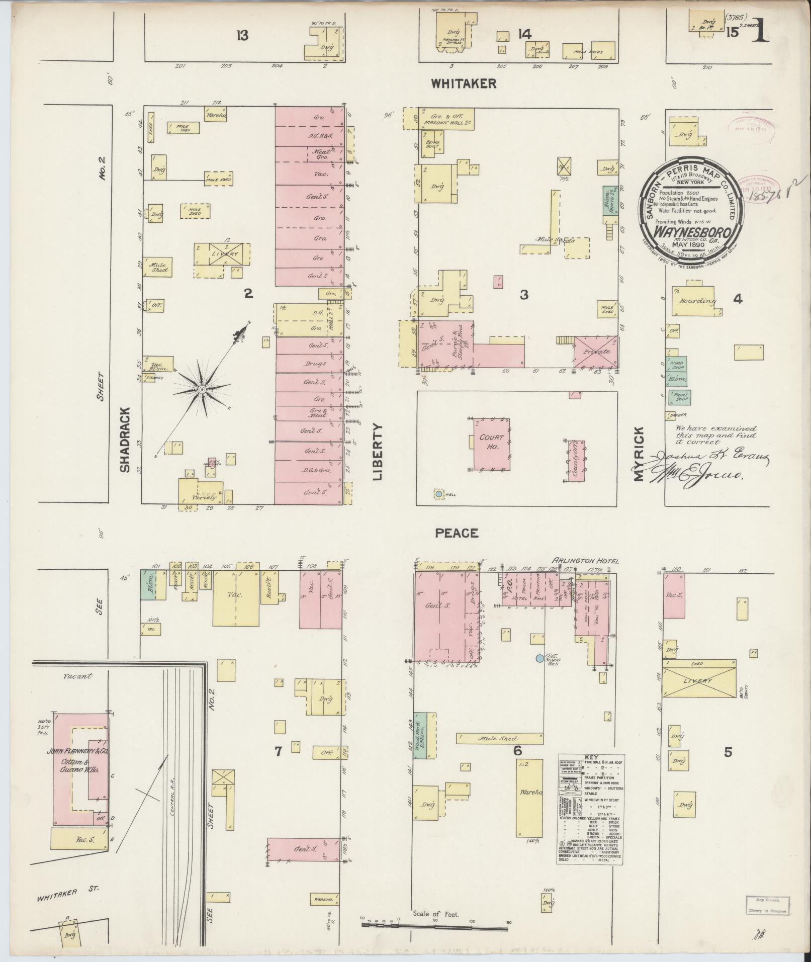 Sanborn Fire Insurance Map from Waynesboro, Burke County, Georgia (1890), Sheet #0001 - Historic Sanborn Fire Insurance Map Print, vintage old map wall art, antique decor, genealogy gift, Georgia Georgia map