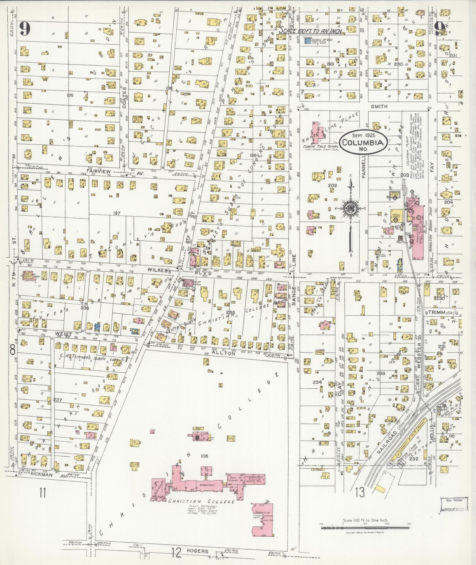Sanborn Fire Insurance Map from Columbia, Boone County, Missouri (1925), Sheet #0009 - Historic Sanborn Fire Insurance Map Print, vintage old map wall art, antique decor, genealogy gift, Missouri Missouri map