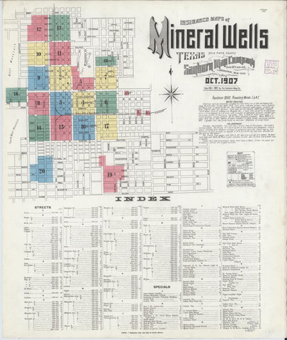Sanborn Fire Insurance Map from Mineral Wells, Palo Pinto County, Texas (1907), Sheet #0001 - Historic Sanborn Fire Insurance Map Print, vintage old map wall art, antique decor, genealogy gift, Texas Texas map