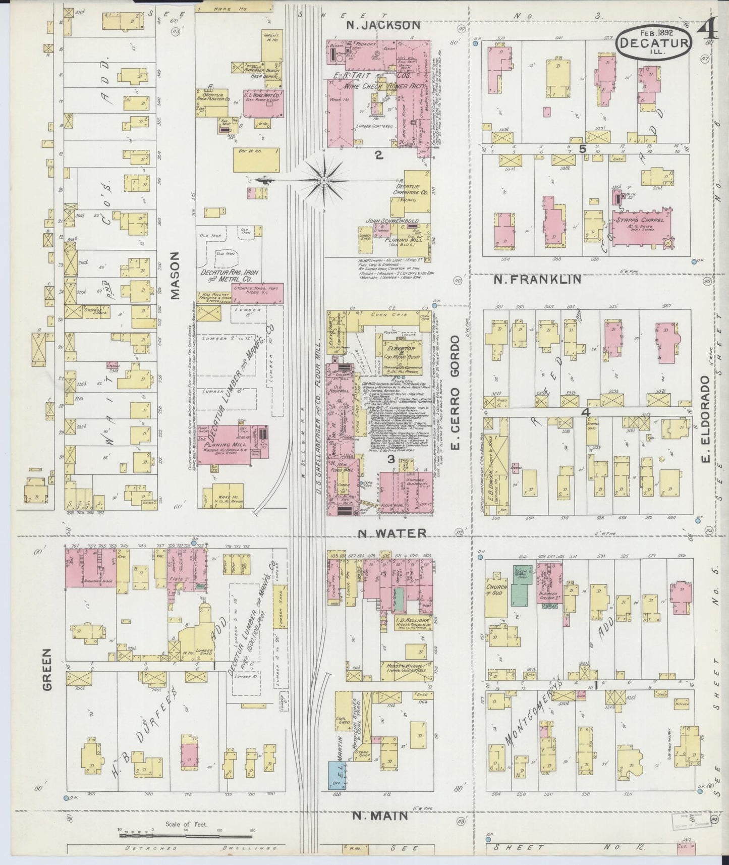 Sanborn Fire Insurance Map from Decatur, Macon County, Illinois (1892), Sheet #0004 - Historic Sanborn Fire Insurance Map Print, vintage old map wall art, antique decor, genealogy gift, Illinois Illinois map
