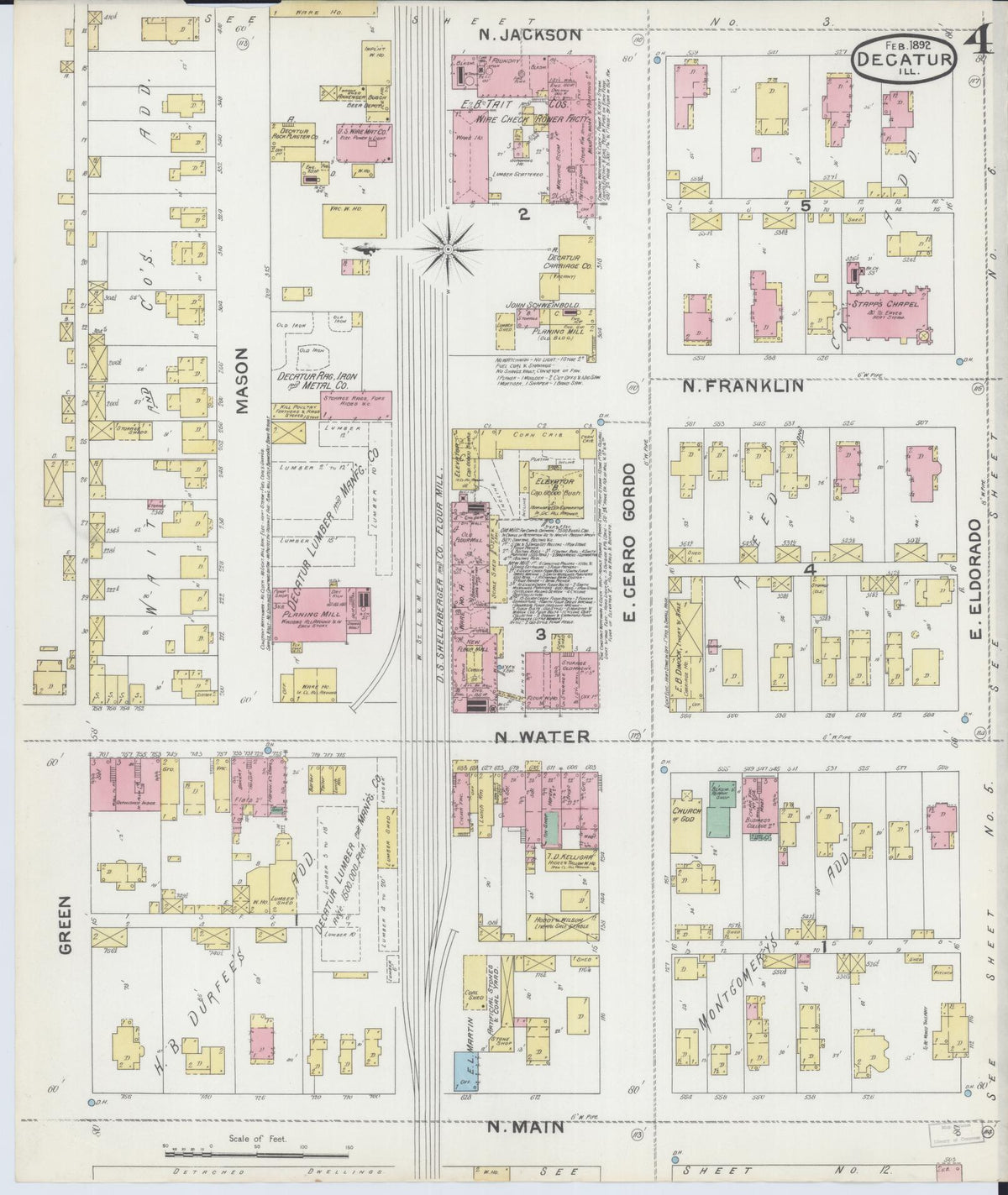 Sanborn Fire Insurance Map from Decatur, Macon County, Illinois (1892), Sheet #0004 - Historic Sanborn Fire Insurance Map Print, vintage old map wall art, antique decor, genealogy gift, Illinois Illinois map