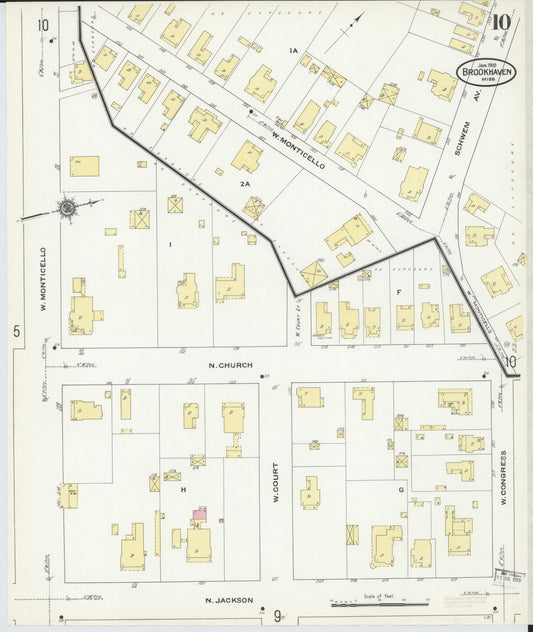 Sanborn Fire Insurance Map from Brookhaven, Lincoln County, Mississippi (1910), Sheet #0010 - Historic Sanborn Fire Insurance Map Print, vintage old map wall art, antique decor, genealogy gift, Mississippi Mississippi map