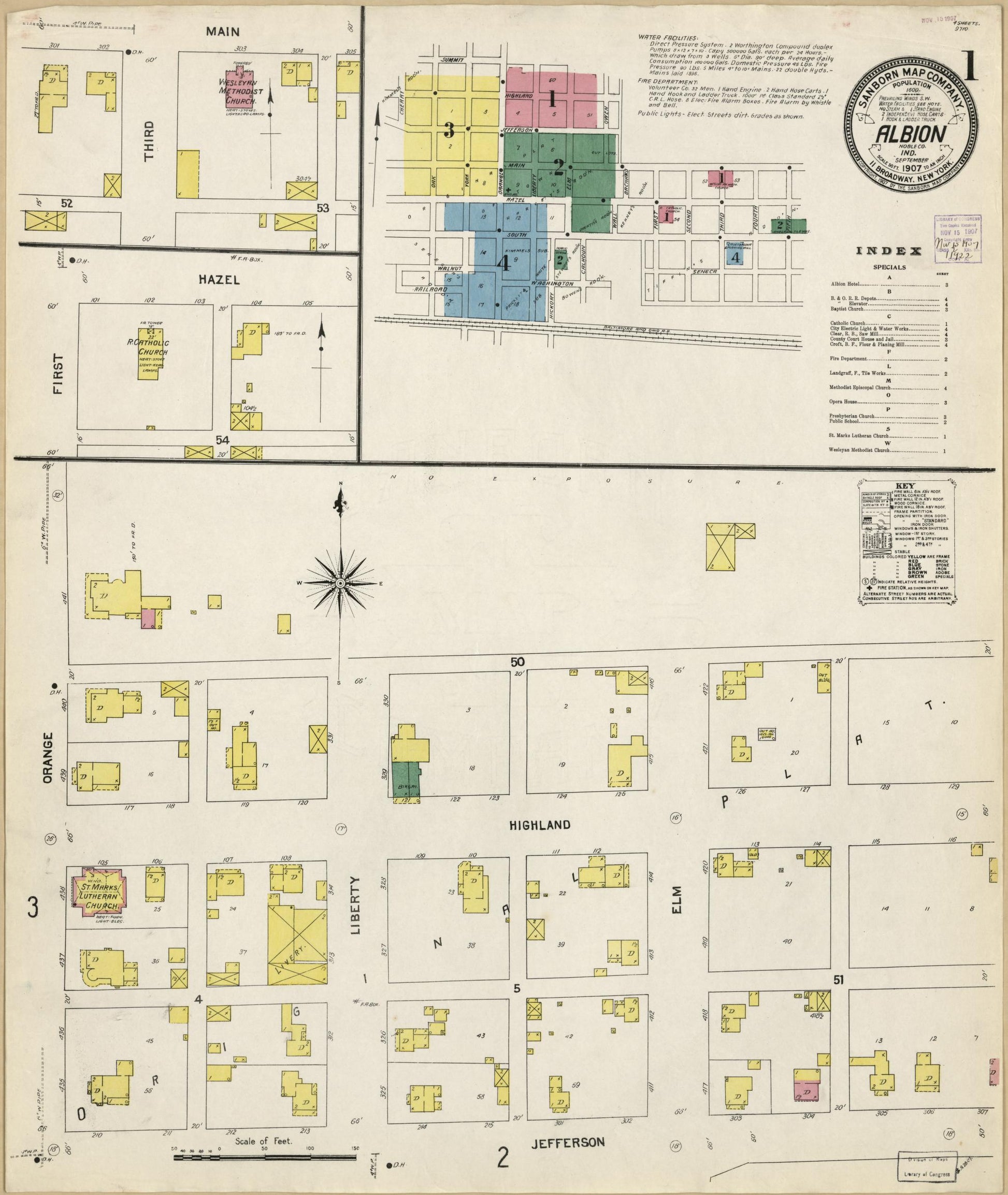 Sanborn Fire Insurance Map from Albion, Noble County, Indiana (1907), Sheet #0001 - Historic Sanborn Fire Insurance Map Print, vintage old map wall art, antique decor, genealogy gift, Indiana Indiana map
