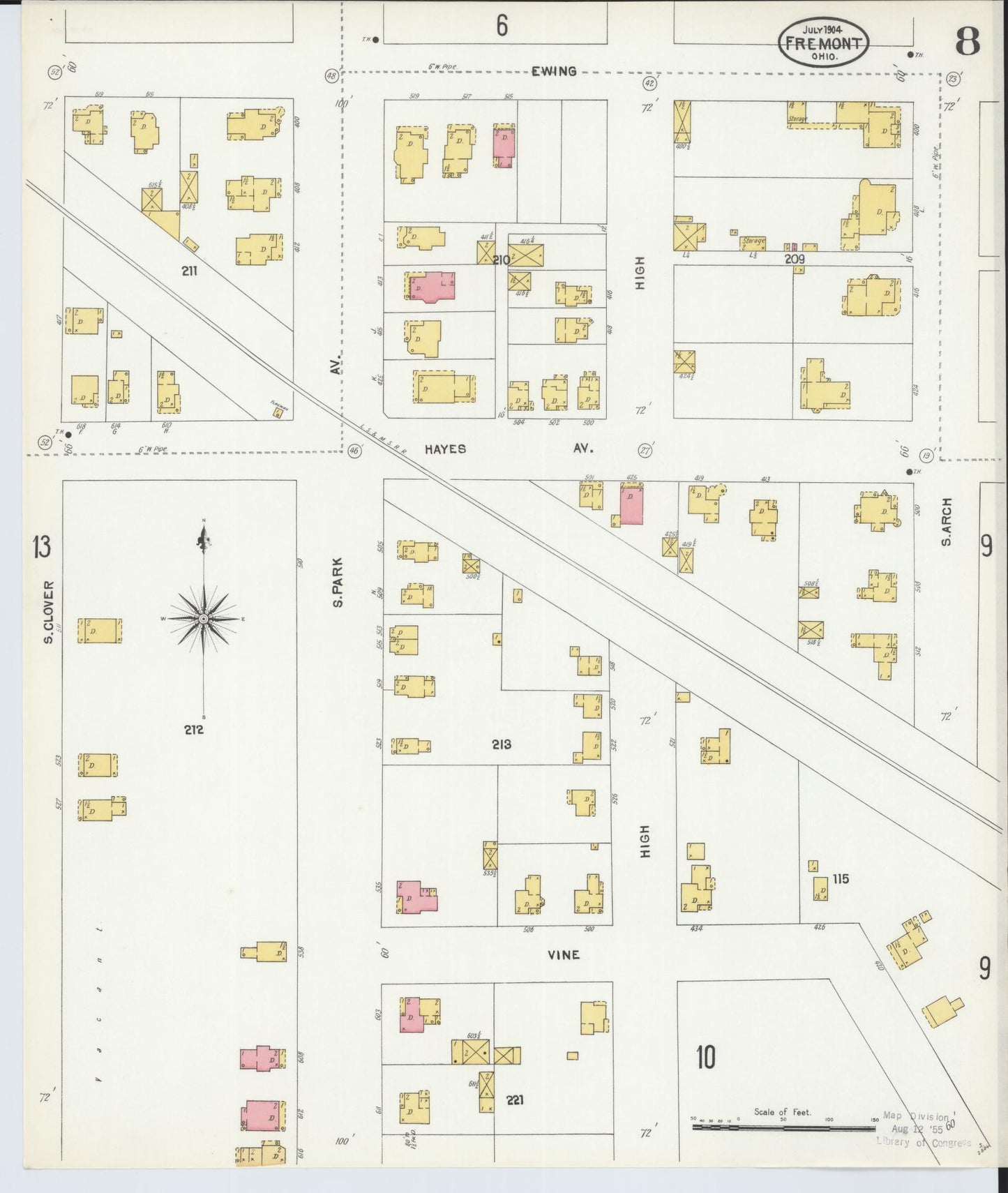 Sanborn Fire Insurance Map from Fremont, Sandusky County, Ohio (1904), Sheet #0008 - Historic Sanborn Fire Insurance Map Print, vintage old map wall art, antique decor, genealogy gift, Ohio Ohio map
