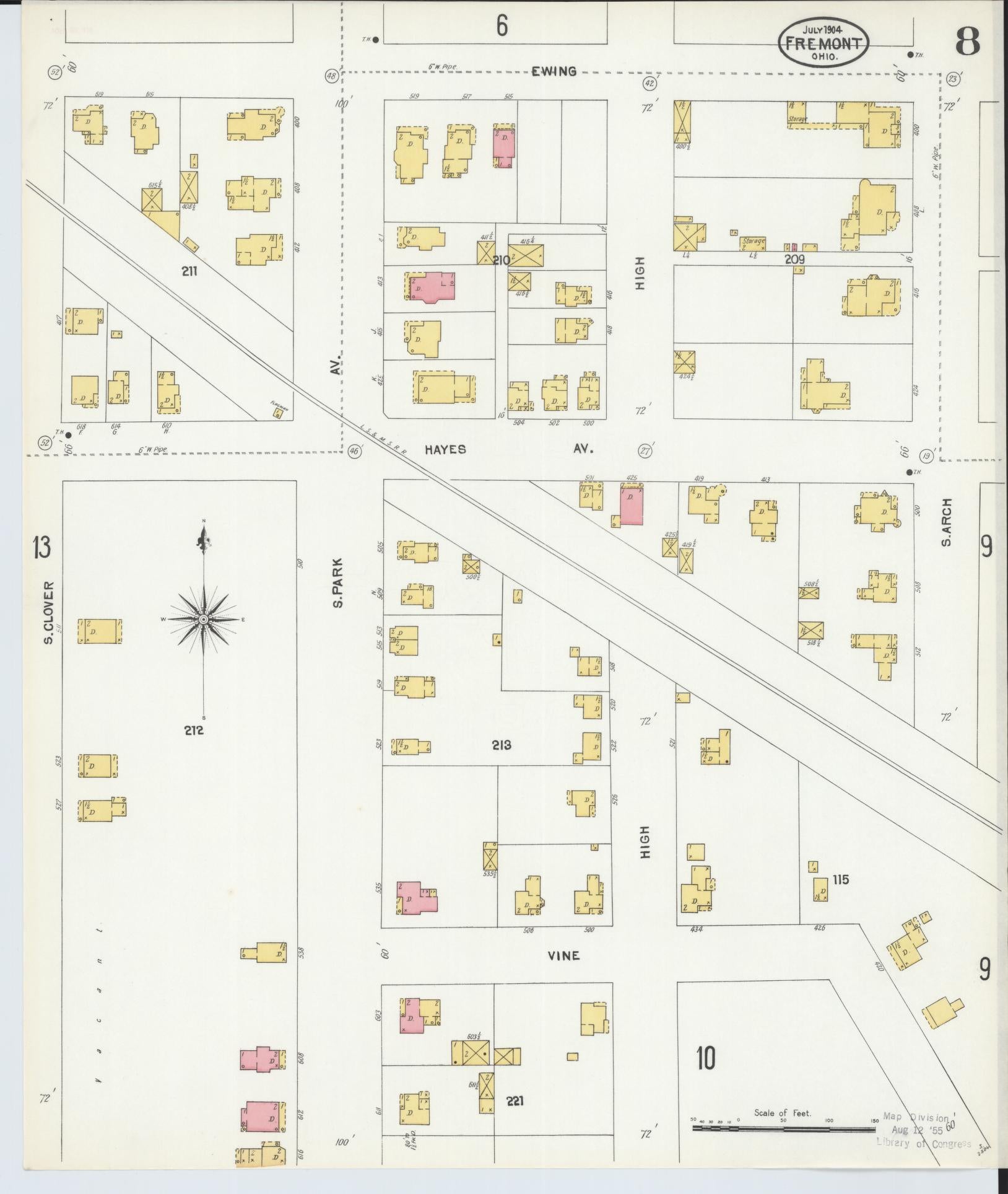 Sanborn Fire Insurance Map from Fremont, Sandusky County, Ohio (1904), Sheet #0008 - Historic Sanborn Fire Insurance Map Print, vintage old map wall art, antique decor, genealogy gift, Ohio Ohio map