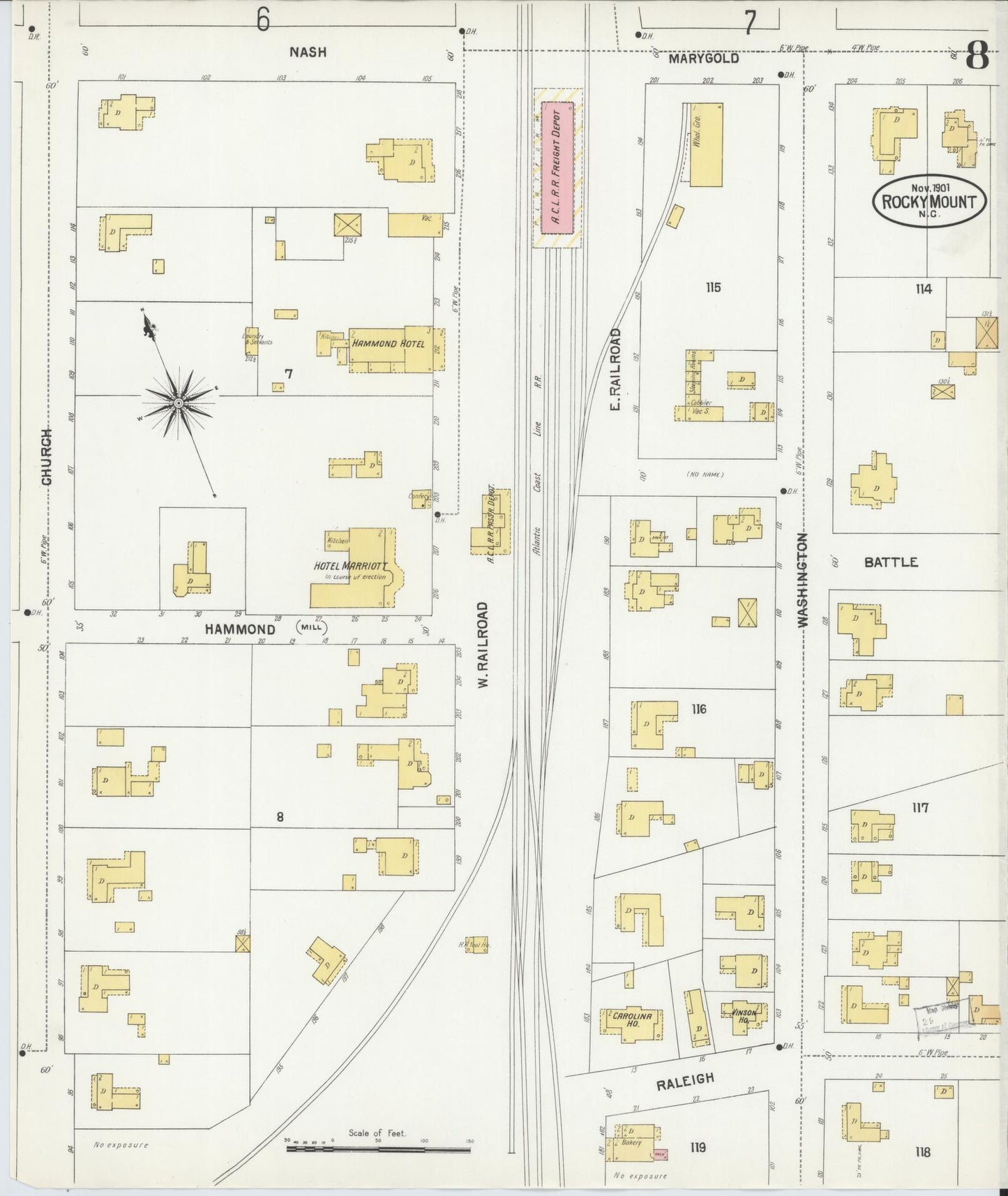 Sanborn Fire Insurance Map from Rocky Mount, Edgecombe And Nash Counties, North Carolina (1901), Sheet #0008 - Complete Map Set gallery image, historic Sanborn map, vintage wall art, North Carolina North Carolina