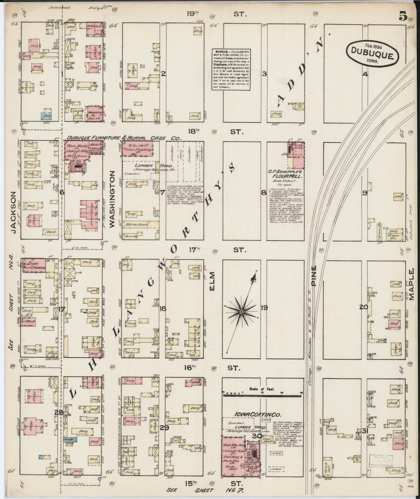 Sanborn Fire Insurance Map from Dubuque, Dubuque County, Iowa (1884), Sheet #0005 - Historic Sanborn Fire Insurance Map Print, vintage old map wall art