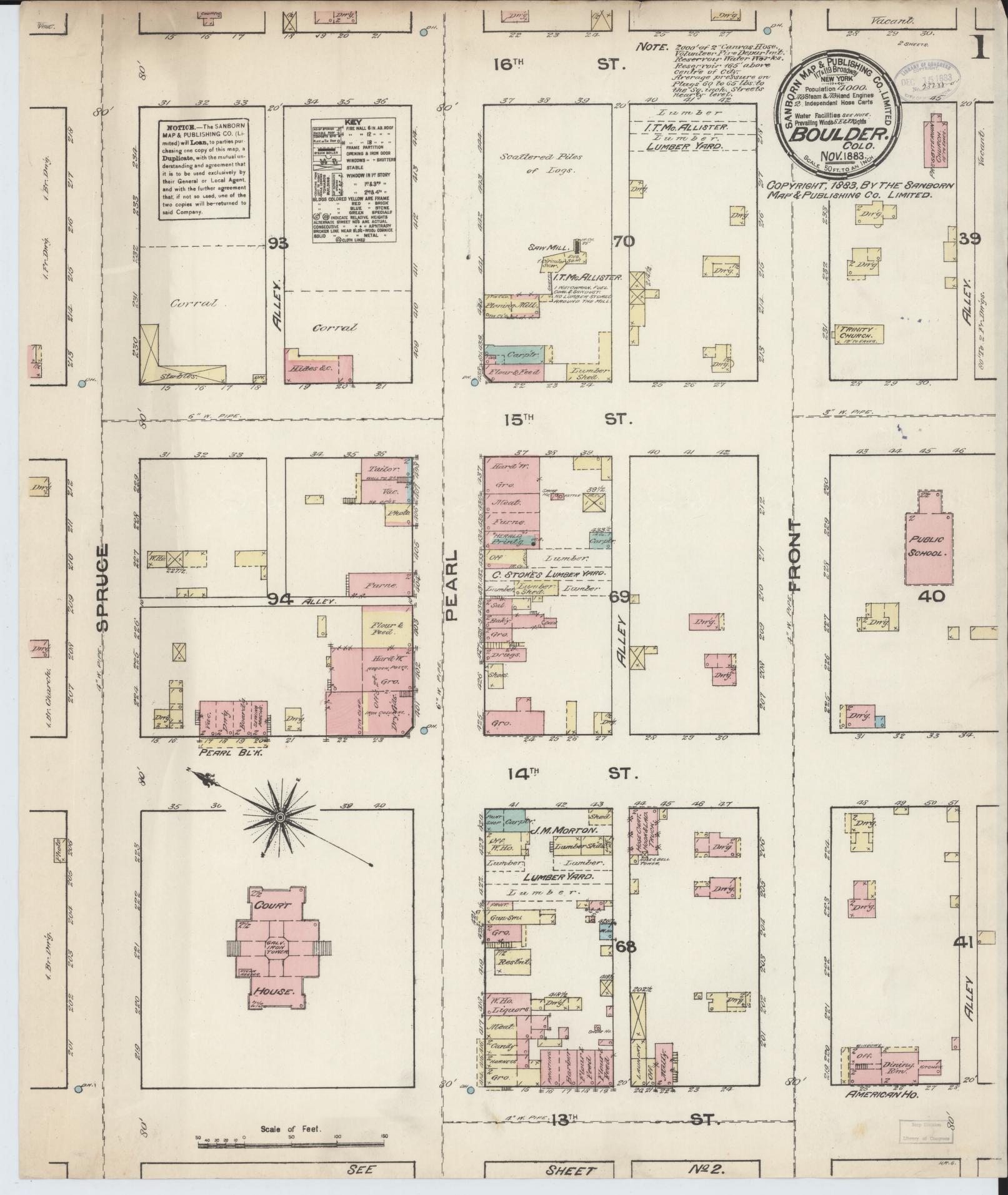 Sanborn Fire Insurance Map from Boulder, Boulder County, Colorado (1883), Sheet #0001 - Historic Sanborn Fire Insurance Map Print, vintage old map wall art, antique decor, genealogy gift, Colorado Colorado map