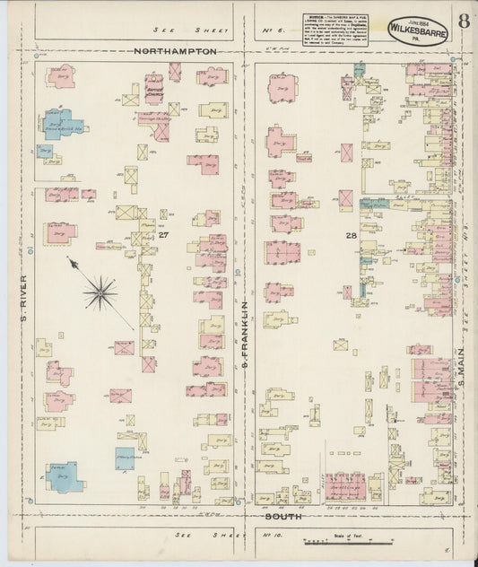 Sanborn Fire Insurance Map from Wilkes Barre, Luzerne County, Pennsylvania (1884), Sheet #0008 - Historic Sanborn Fire Insurance Map Print, vintage old map wall art, antique decor, genealogy gift, Pennsylvania Pennsylvania map