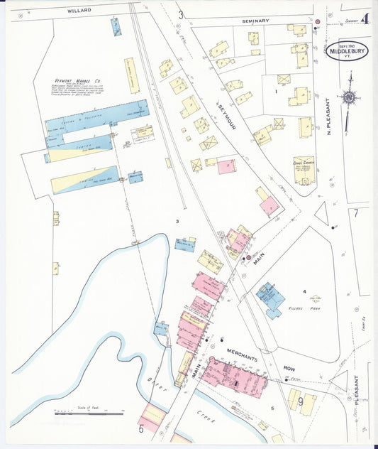 Sanborn Fire Insurance Map from Middlebury, Addison County, Vermont (1910), Sheet #0004 - Historic Sanborn Fire Insurance Map Print, vintage old map wall art, antique decor, genealogy gift, Vermont Vermont map