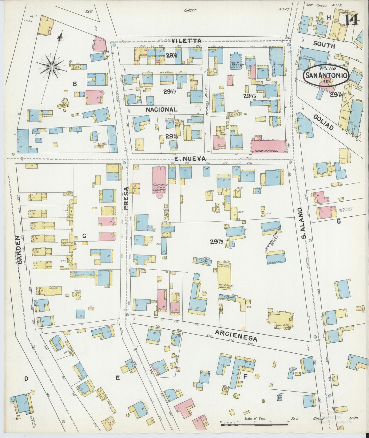 Sanborn Fire Insurance Map from San Antonio, Bexar County, Texas (1892), Sheet #0014 - Complete Map Set gallery image, historic Sanborn map, vintage wall art, Texas Texas