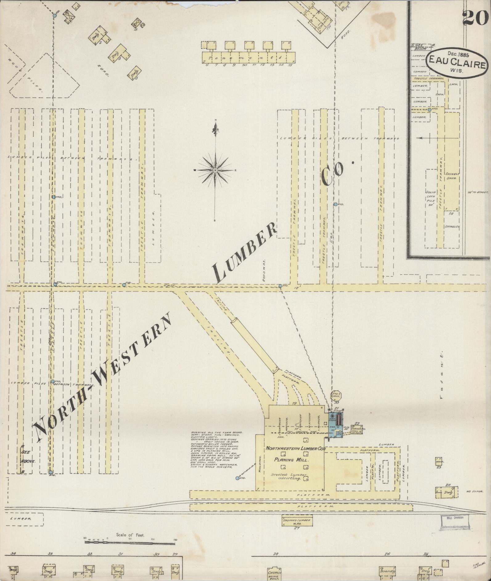 Sanborn Fire Insurance Map from Eau Claire, Eau Claire County, Wisconsin (1885), Sheet #0020 - Historic Sanborn Fire Insurance Map Print, vintage old map wall art, antique decor, genealogy gift, Wisconsin Wisconsin map