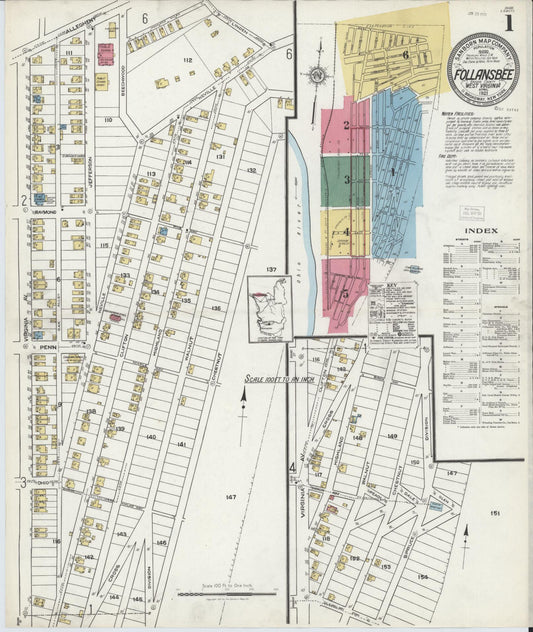 Sanborn Fire Insurance Map from Follansbee, Brooke County, West Virginia (1921), Sheet #0001 - Historic Sanborn Fire Insurance Map Print, vintage old map wall art, antique decor, genealogy gift, West Virginia West Virginia map
