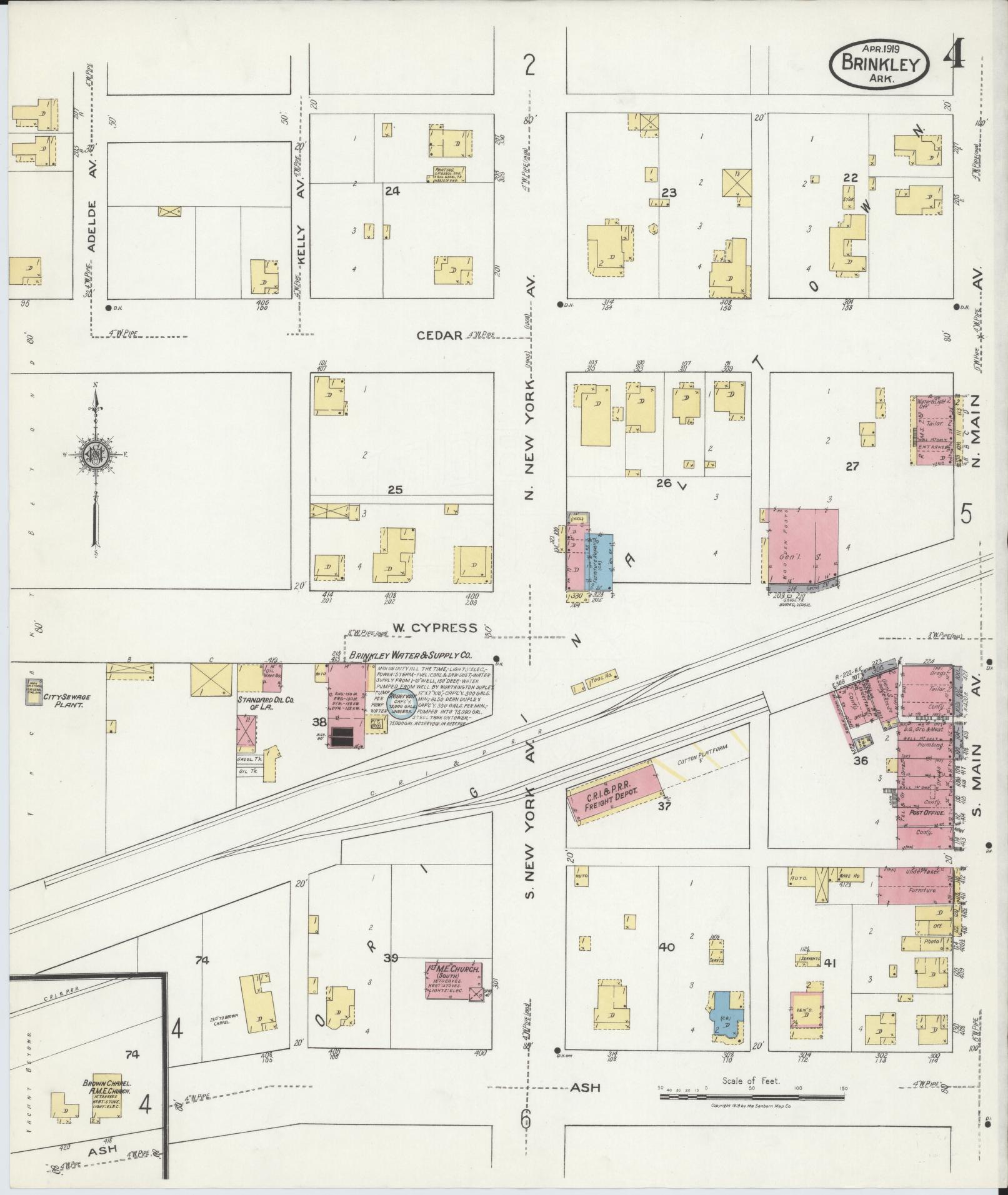 Sanborn Fire Insurance Map from Brinkley, Monroe County, Arkansas (1919), Sheet #0004 - Complete Map Set gallery image, historic Sanborn map, vintage wall art, Arkansas Arkansas