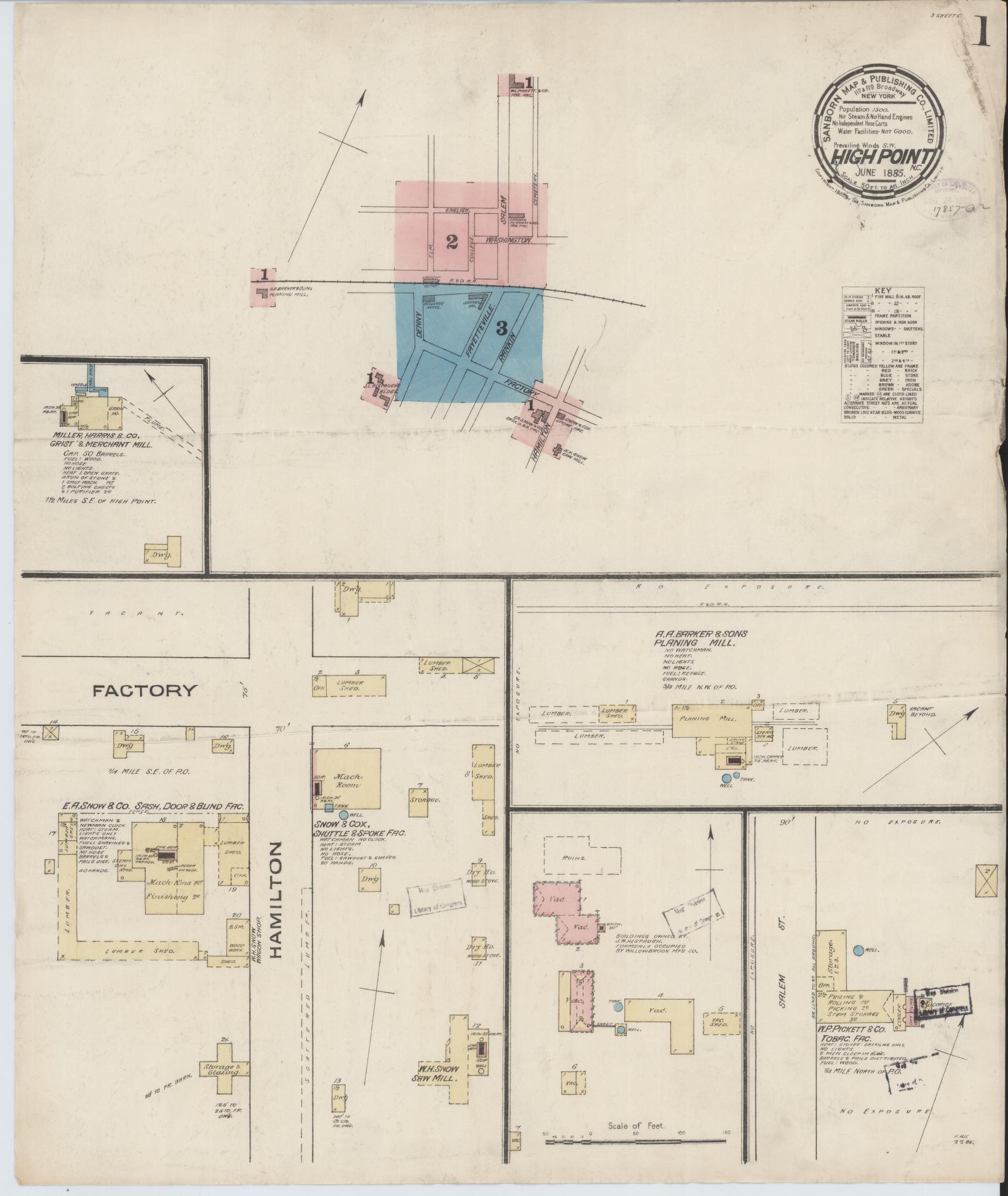 Sanborn Fire Insurance Map from High Point, Guilford County, North Carolina (1885), Sheet #0001 - Complete Map Set gallery image, historic Sanborn map, vintage wall art, North Carolina North Carolina