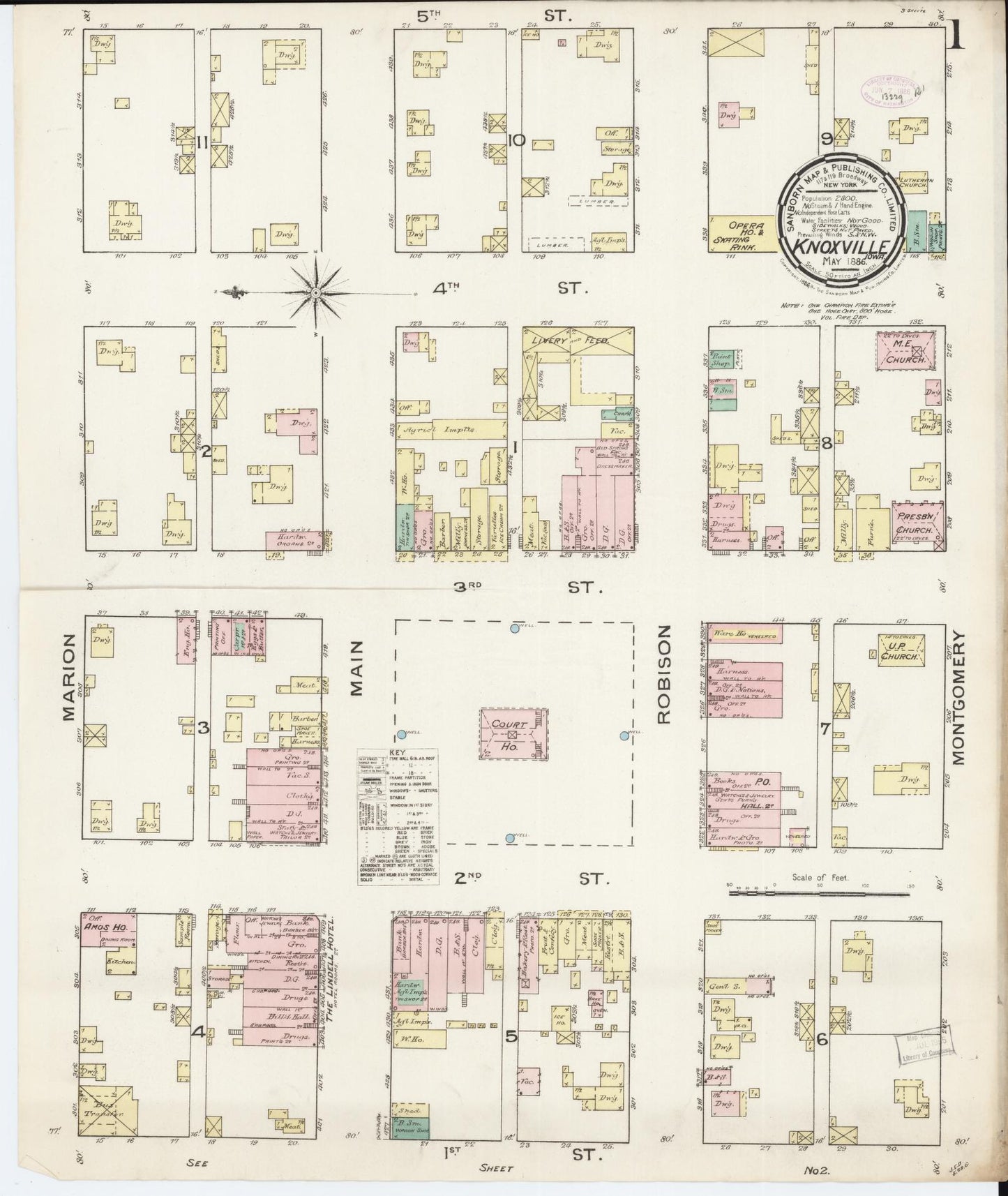 Sanborn Fire Insurance Map from Knoxville, Marion County, Iowa (1886), Sheet #0001 - Historic Sanborn Fire Insurance Map Print, vintage old map wall art
