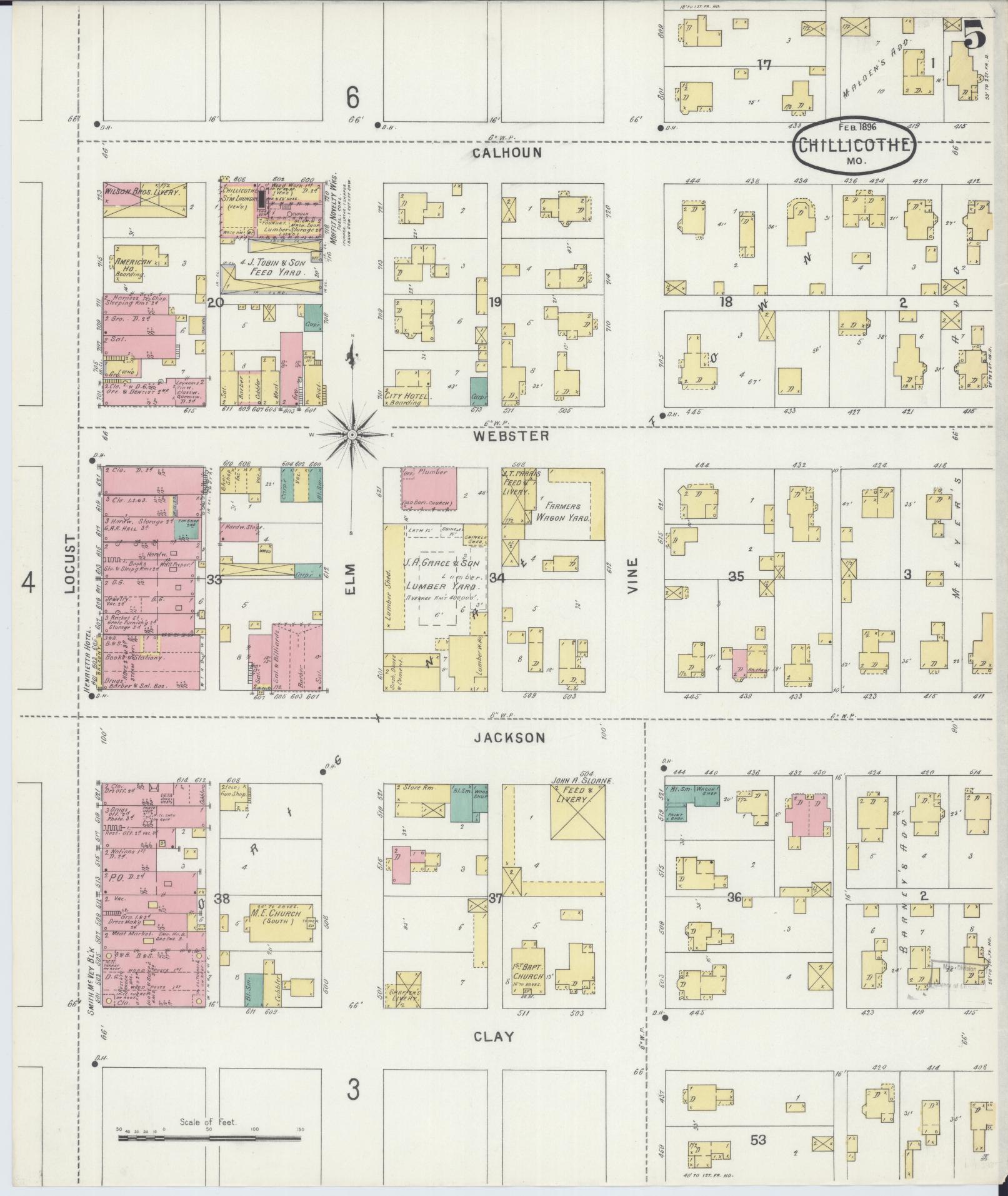 Sanborn Fire Insurance Map from Chillicothe, Livingston County, Missouri (1896), Sheet #0005 - Historic Sanborn Fire Insurance Map Print, vintage old map wall art, antique decor, genealogy gift, Missouri Missouri map