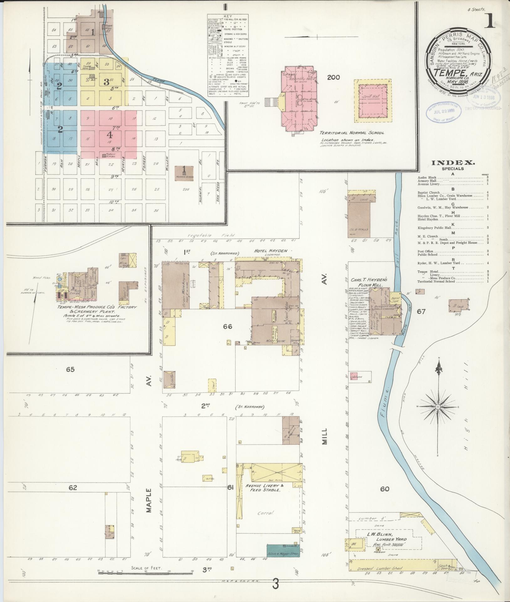 Sanborn Fire Insurance Map from Tempe, Maricopa County, Arizona. (1898) – Historic Sanborn Fire Insurance Map Print