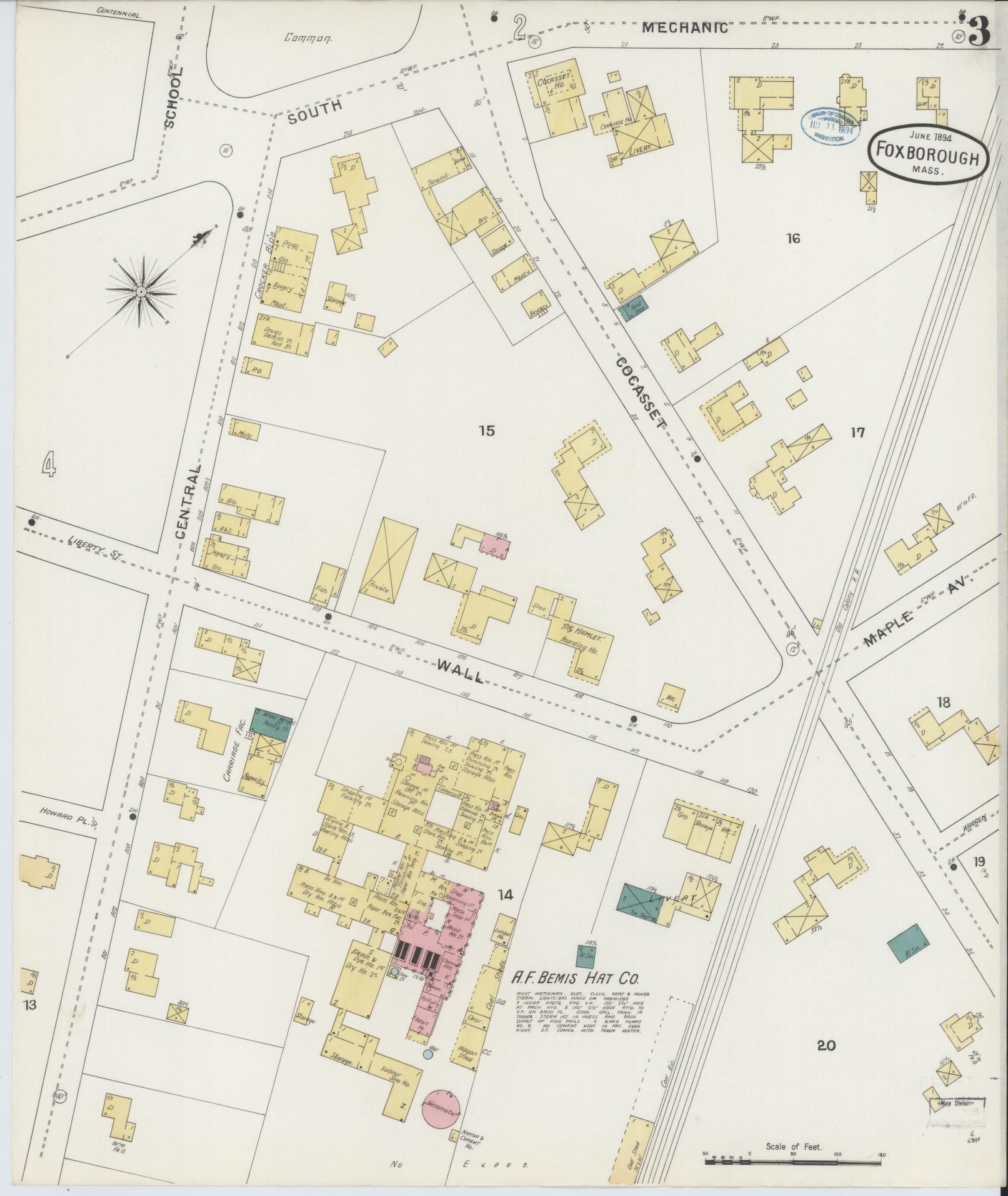 Sanborn Fire Insurance Map from Foxboro, Norfolk County, Massachusetts (1894), Sheet #0003 - Historic Sanborn Fire Insurance Map Print, vintage old map wall art, antique decor, genealogy gift, Massachusetts Massachusetts map
