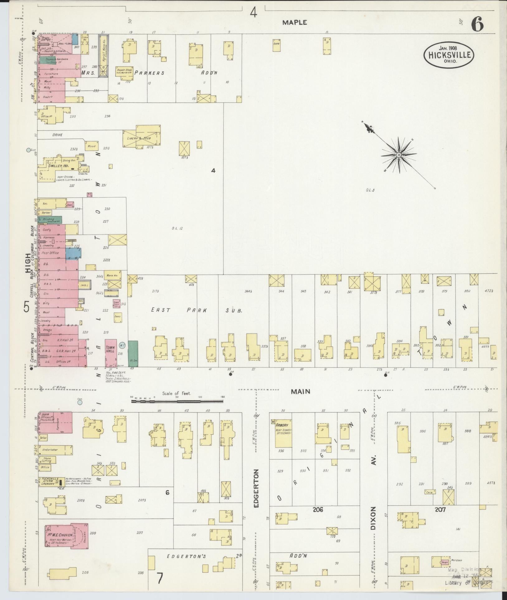 Sanborn Fire Insurance Map from Hicksville, Defiance County, Ohio (1908), Sheet #0006 - Historic Sanborn Fire Insurance Map Print, vintage old map wall art, antique decor, genealogy gift, Ohio Ohio map