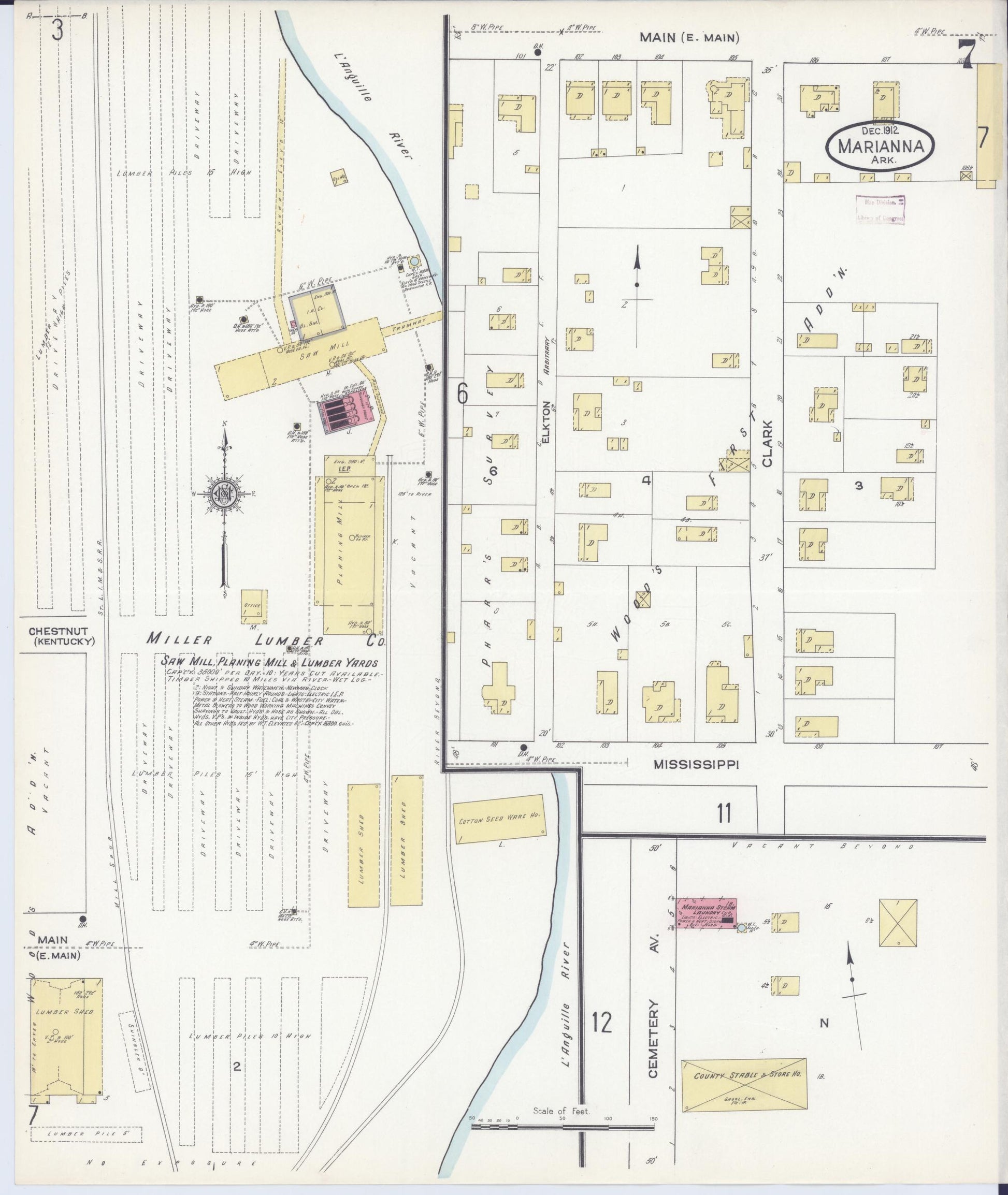 Sanborn Fire Insurance Map from Marianna, Lee County, Arkansas (1912), Sheet #0007 - Historic Sanborn Fire Insurance Map Print, vintage old map wall art, antique decor, genealogy gift, Arkansas Arkansas map