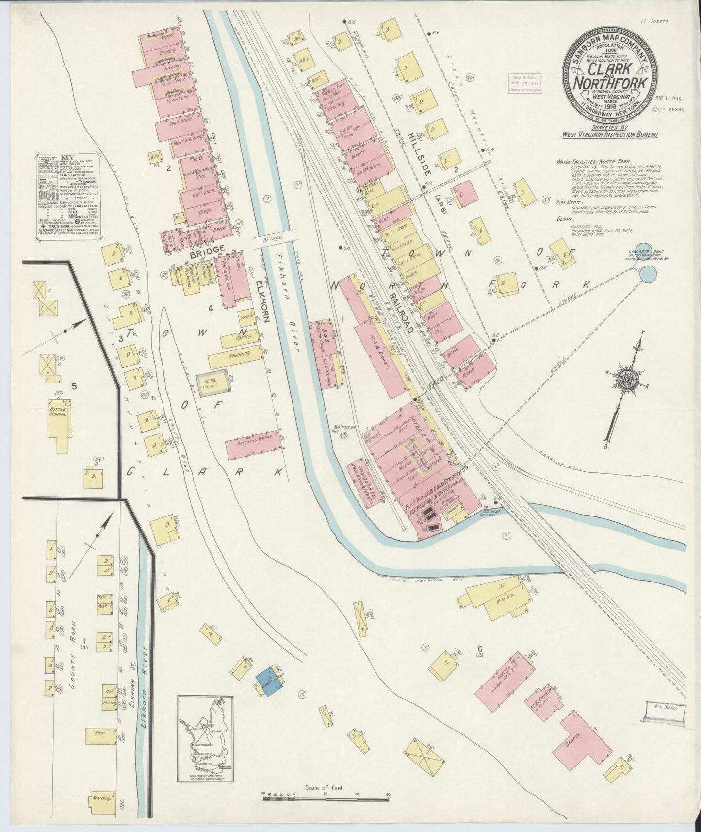 Sanborn Fire Insurance Map from Northfork, Mcdowell County, West Virginia (1916), Sheet #0001 - Historic Sanborn Fire Insurance Map Print, vintage old map wall art, antique decor, genealogy gift, West Virginia West Virginia map