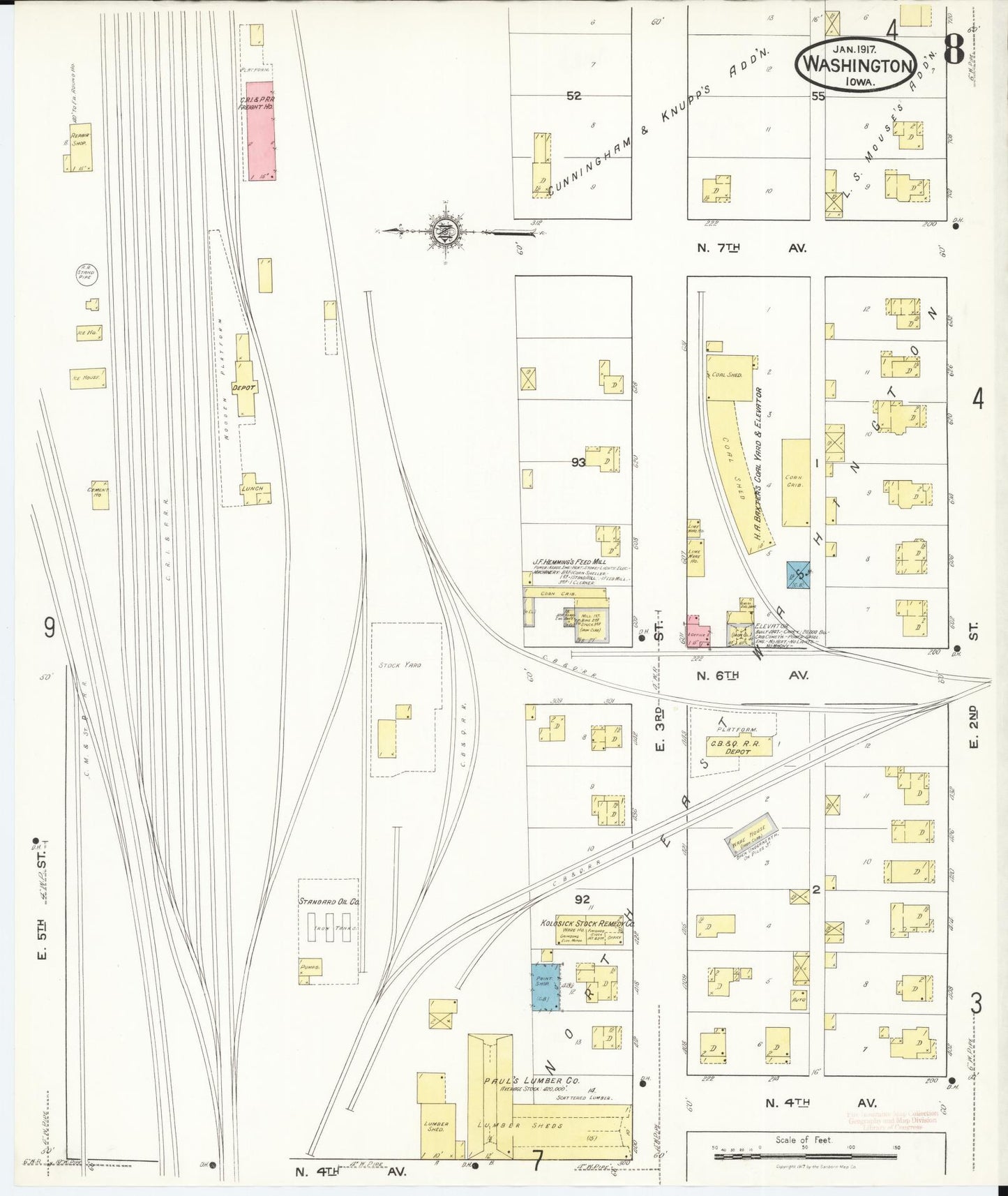 Sanborn Fire Insurance Map from Washington, Washington County, Iowa (1917), Sheet #0008 - Historic Sanborn Fire Insurance Map Print, vintage old map wall art