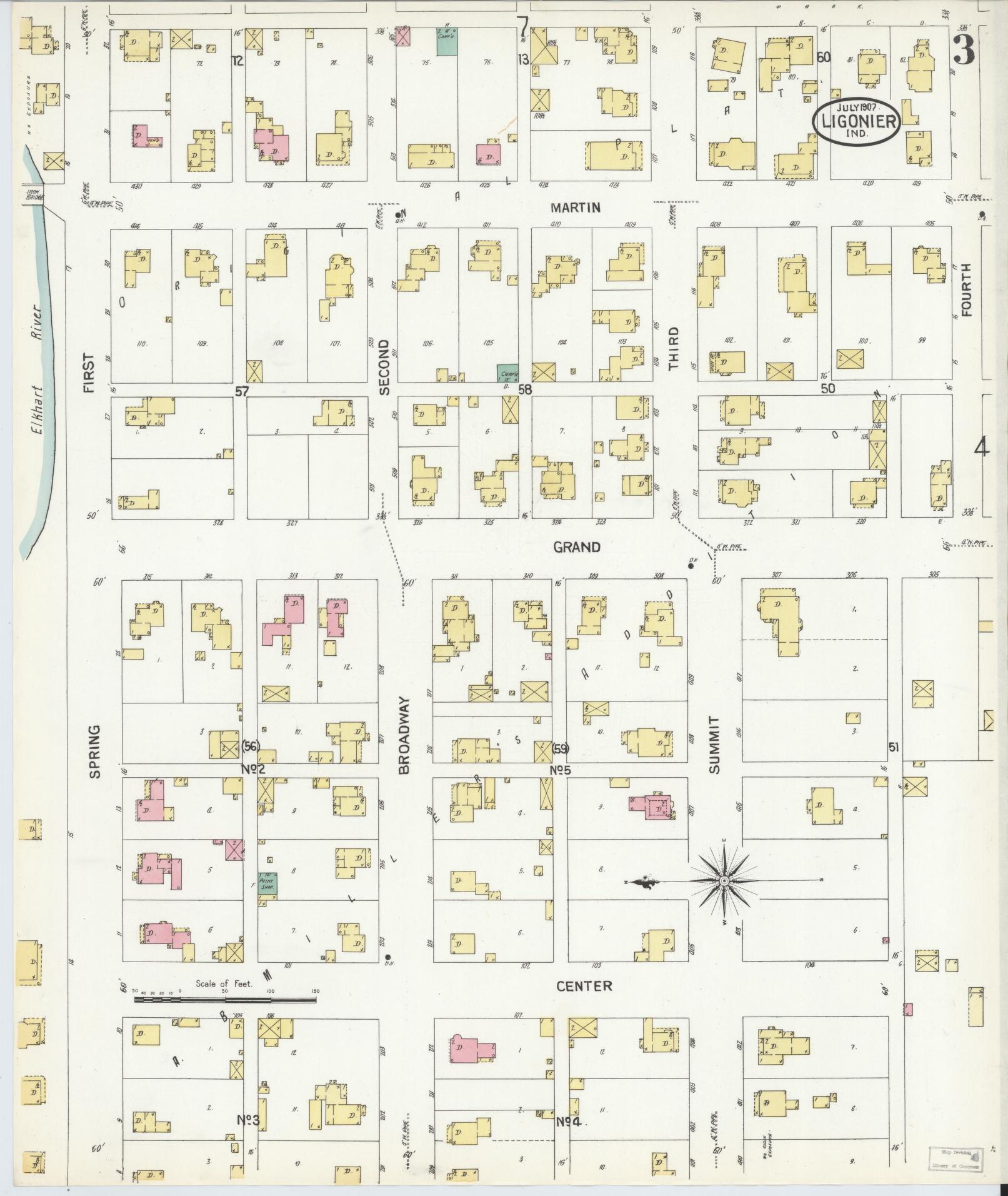 Sanborn Fire Insurance Map from Ligonier, Noble County, Indiana (1907), Sheet #0003 - Complete Map Set gallery image, historic Sanborn map, vintage wall art, Indiana Indiana