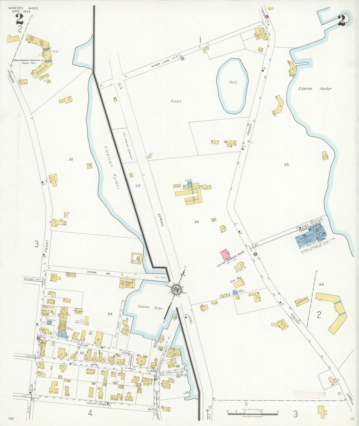 Sanborn Fire Insurance Map from Marion, Plymouth County, Massachusetts (1933), Sheet #0002 - Historic Sanborn Fire Insurance Map Print, vintage old map wall art, antique decor, genealogy gift, Massachusetts Massachusetts map